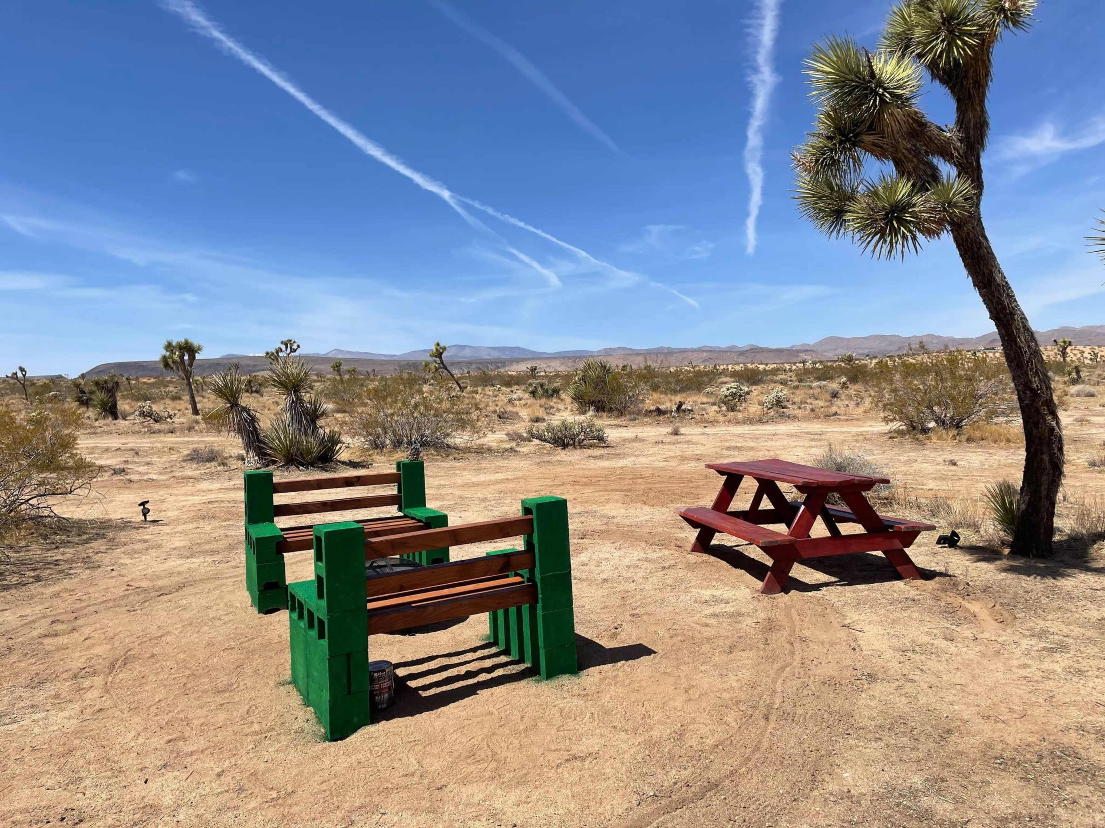 A desert landscape with two green benches, a red picnic table, and a Joshua tree under a clear sky with white contrails.