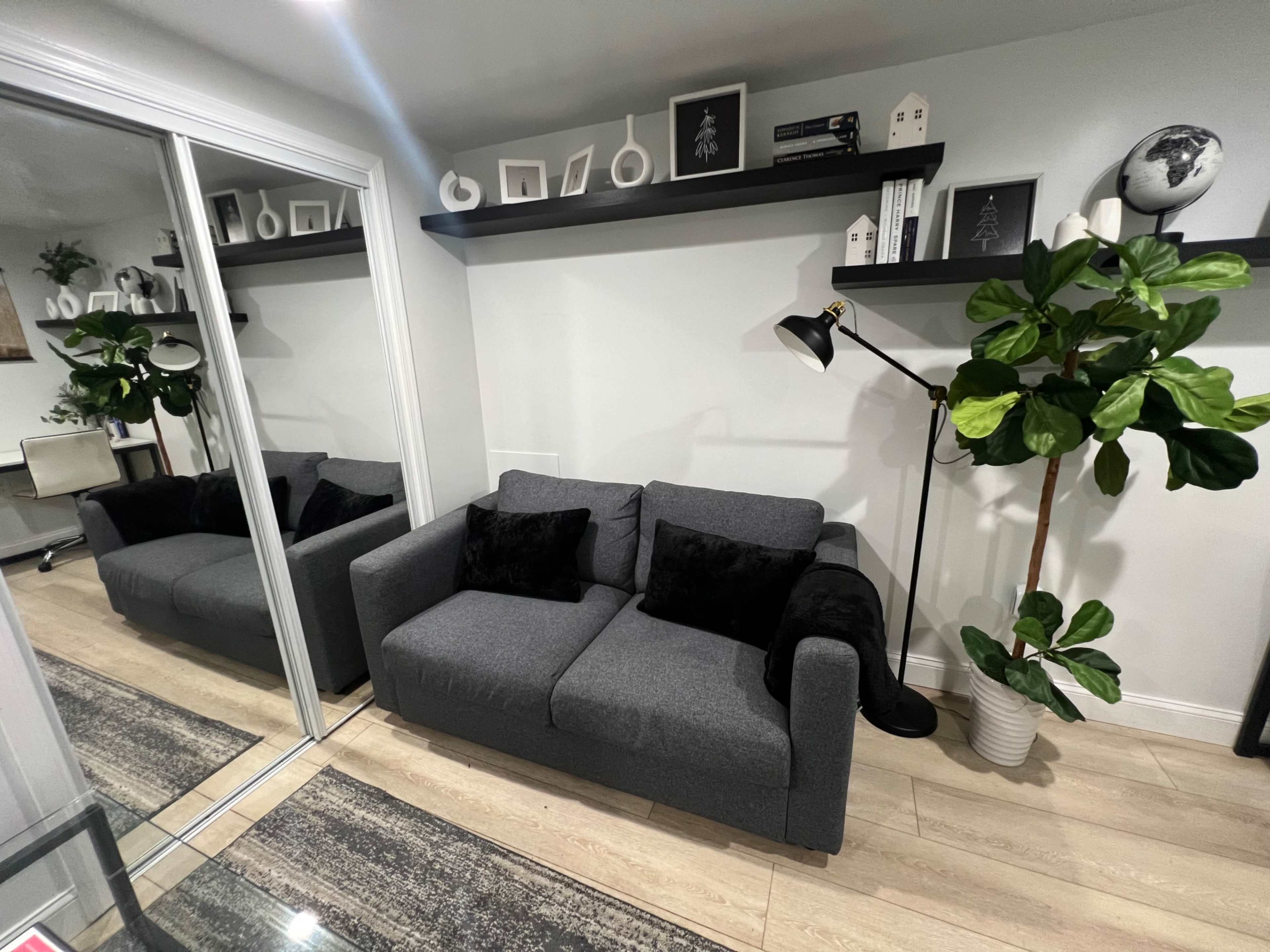 The image shows a modern living space featuring a gray sofa with black cushions, a floor lamp, a decorative plant, and wall shelves displaying various decor items and books.
