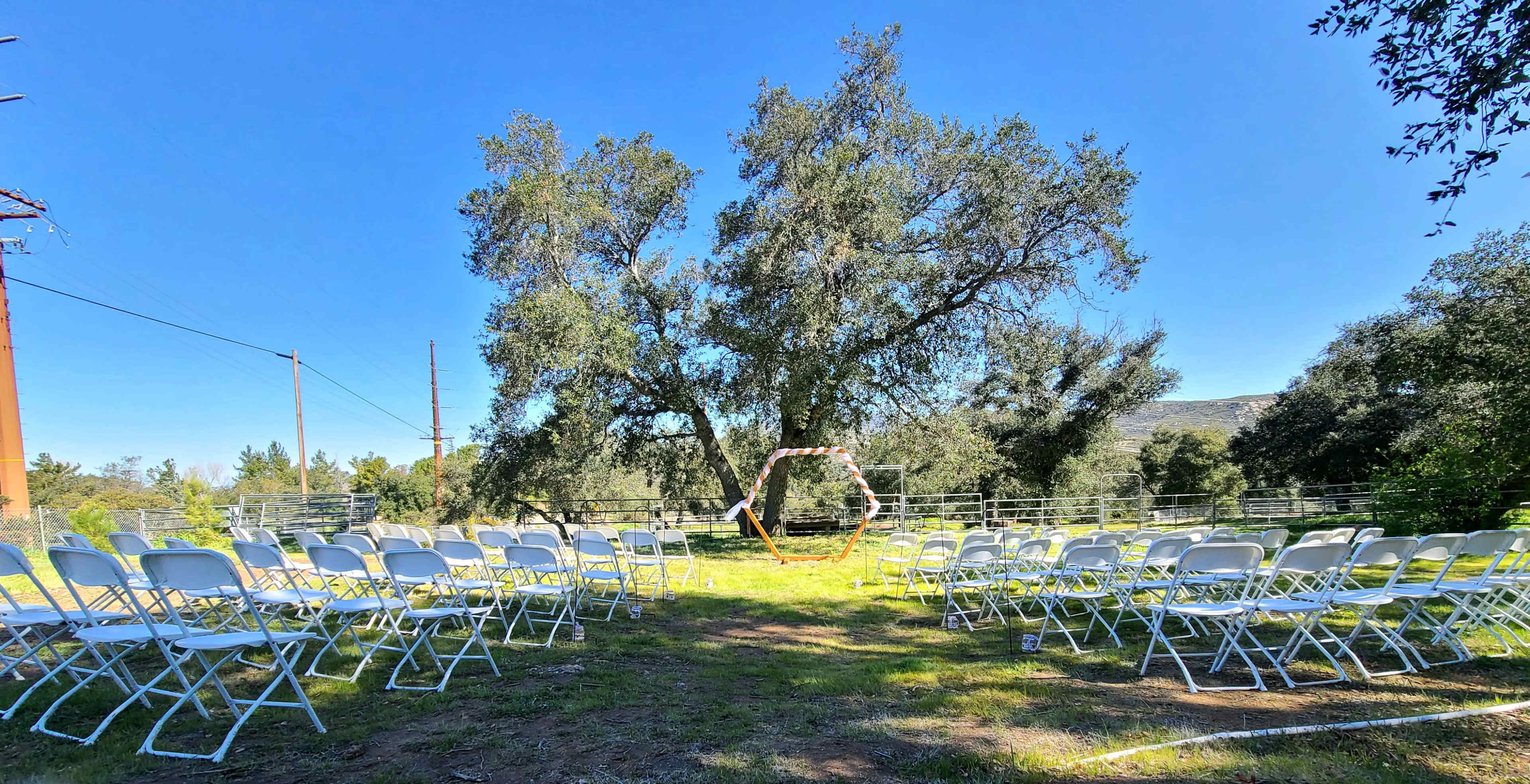 A circular altar surrounded by rows of white chairs is set up under a large tree in an outdoor setting.