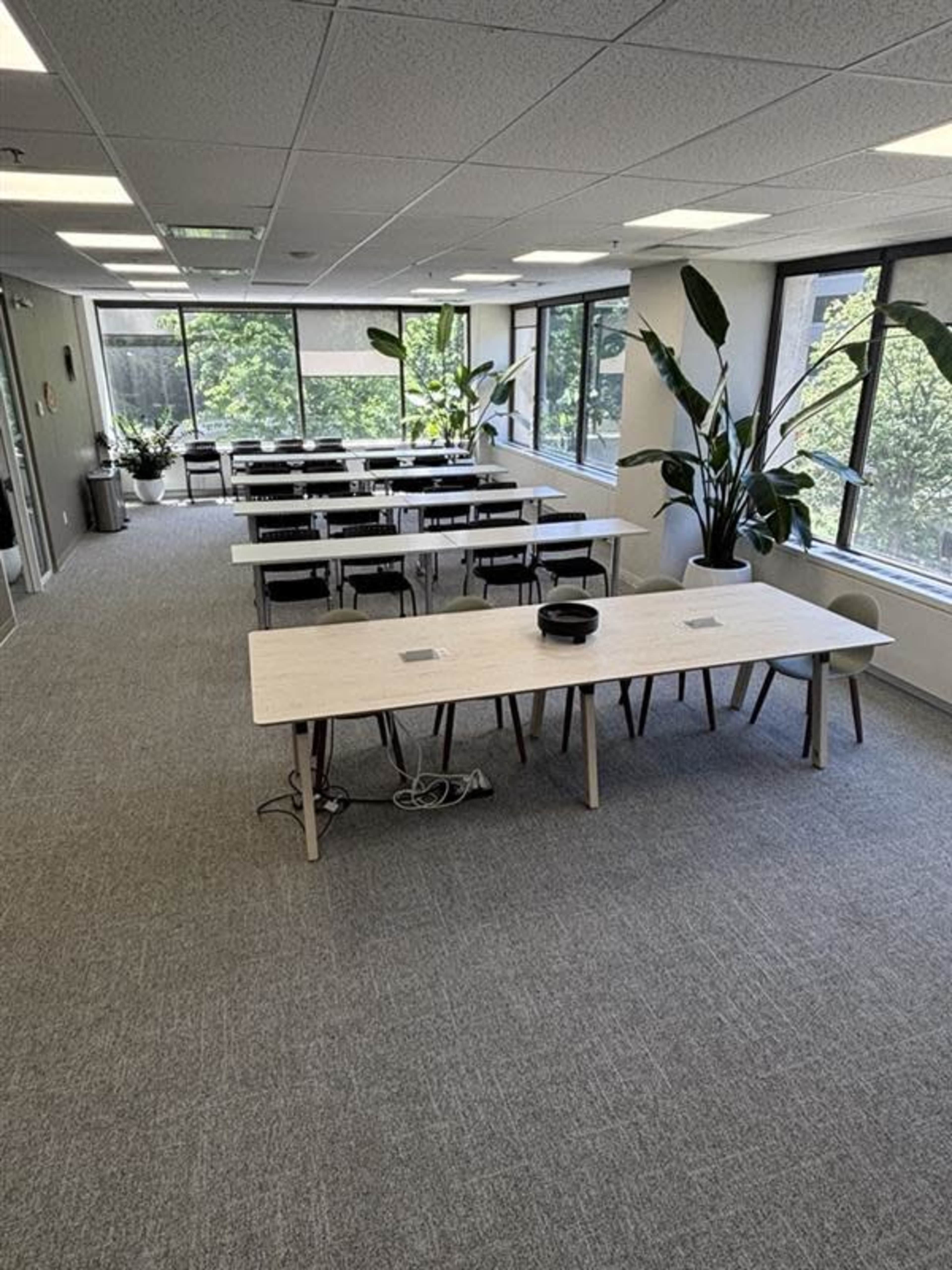 The image shows a modern conference room featuring multiple long tables arranged in rows, with large windows letting in natural light, green plants along the walls, and electrical outlets on the tables.