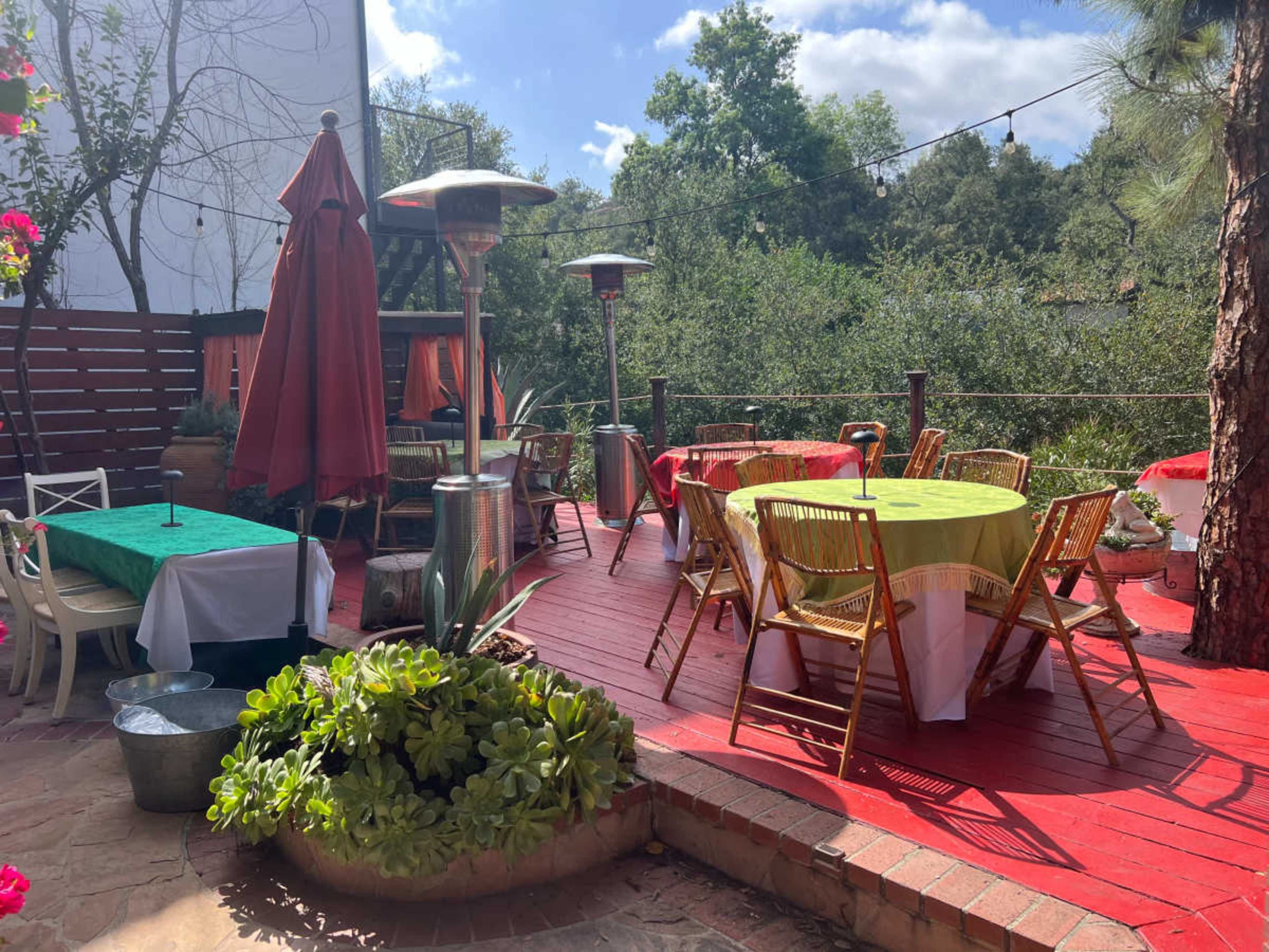The image shows an outdoor dining area with colorful tables, patio heaters, and surrounding greenery, set under a partly cloudy sky.