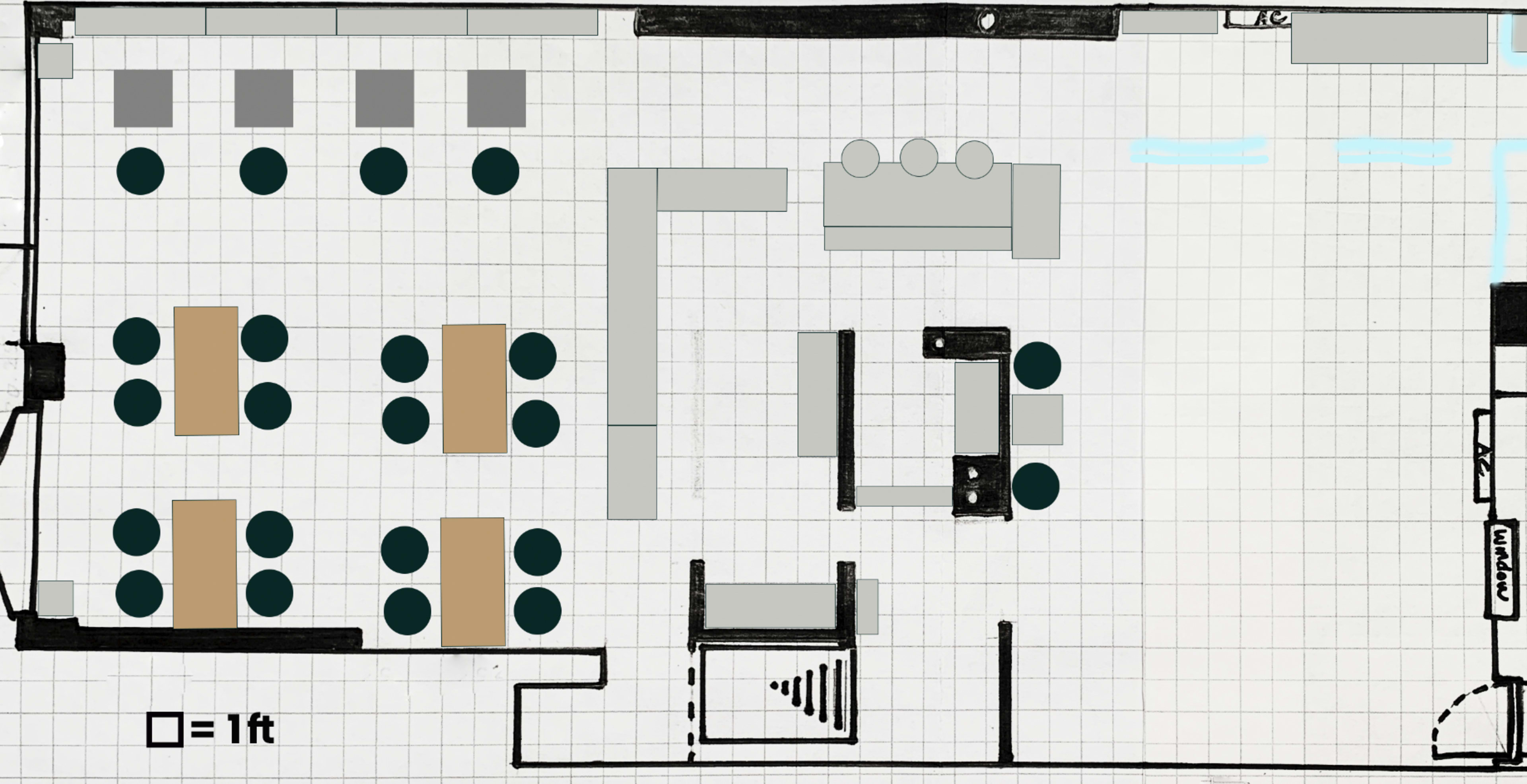 A floor plan layout for a room featuring several tables and seating arrangements, including a central space with a round table and additional seating nearby.