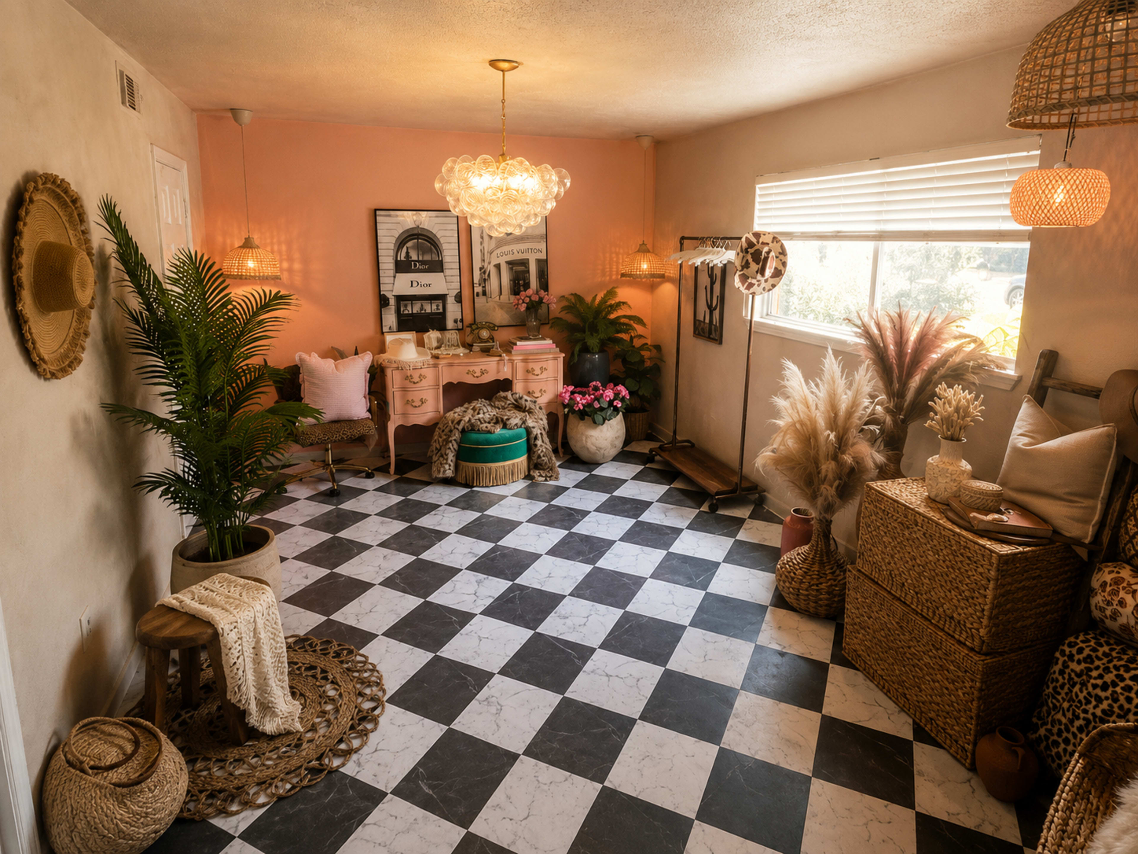 The room features a black and white checkered floor, a vintage-style vanity with a chandelier above, and various plants and decorative elements around the space.