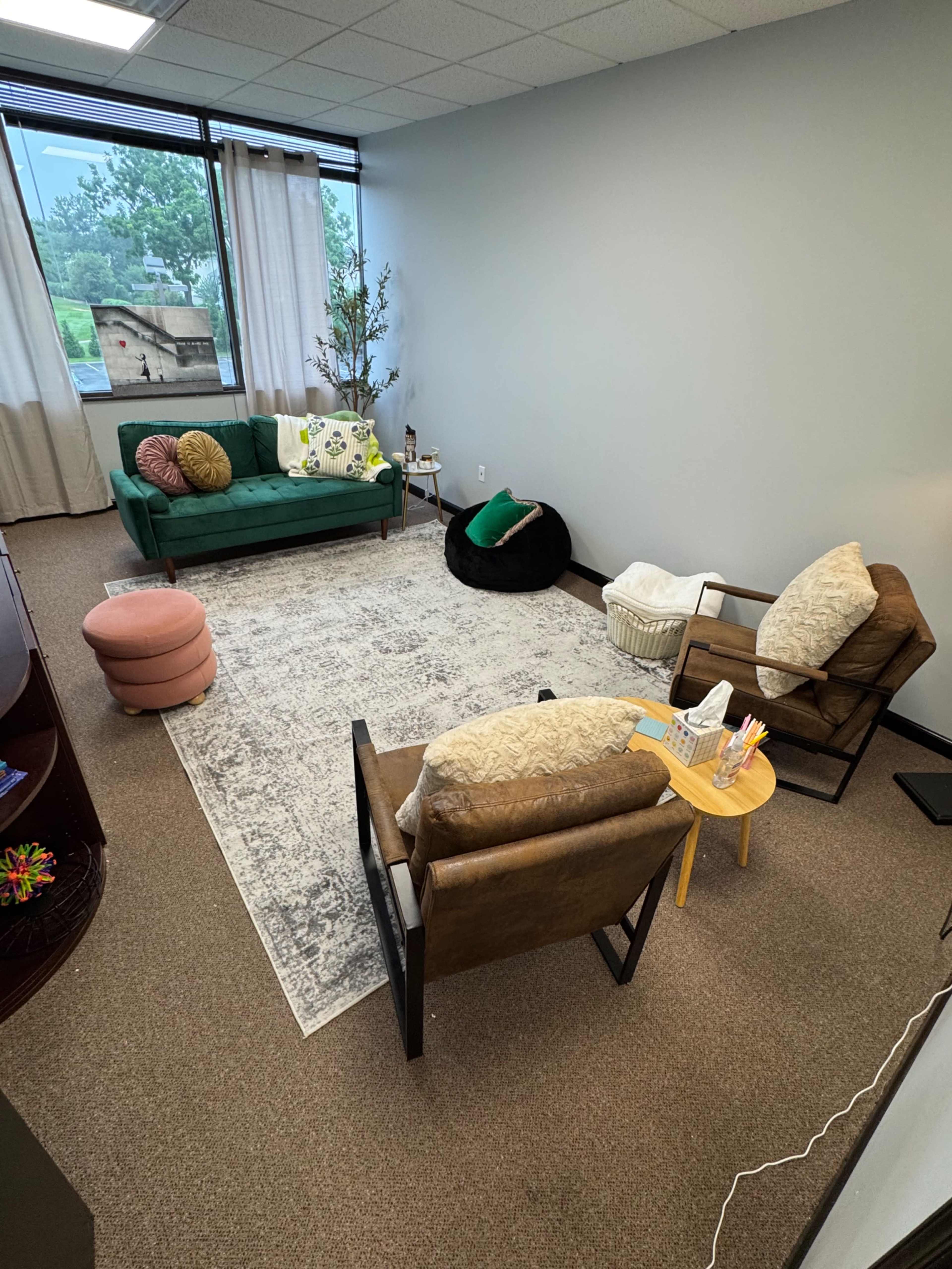 Fully Decorated Midcentury Modern Suburban Therapy Office Image in Whitpain Township, Blue Bell, PA