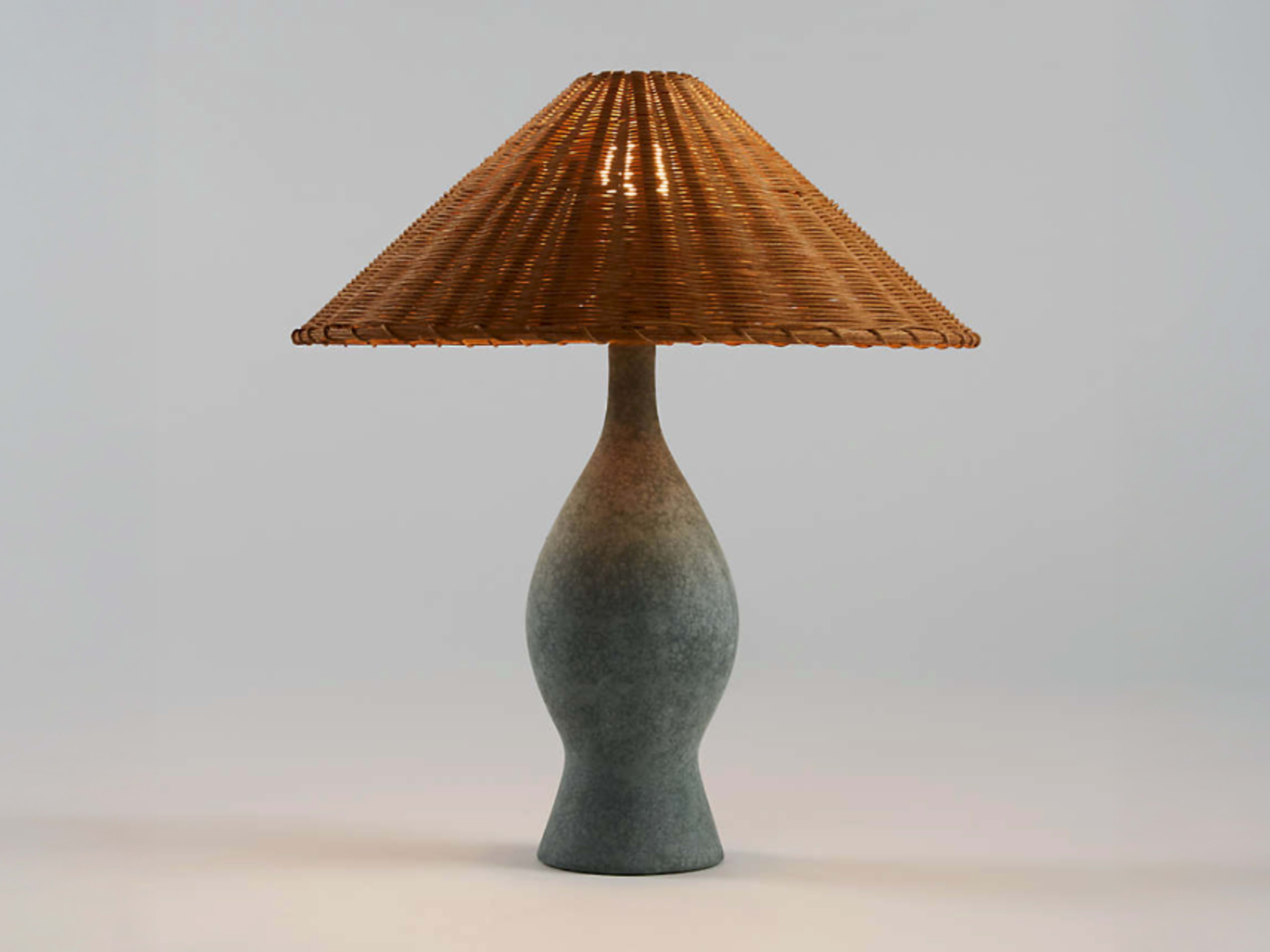 Courbe Green Ceramic Table Lamp with Rattan Shade 