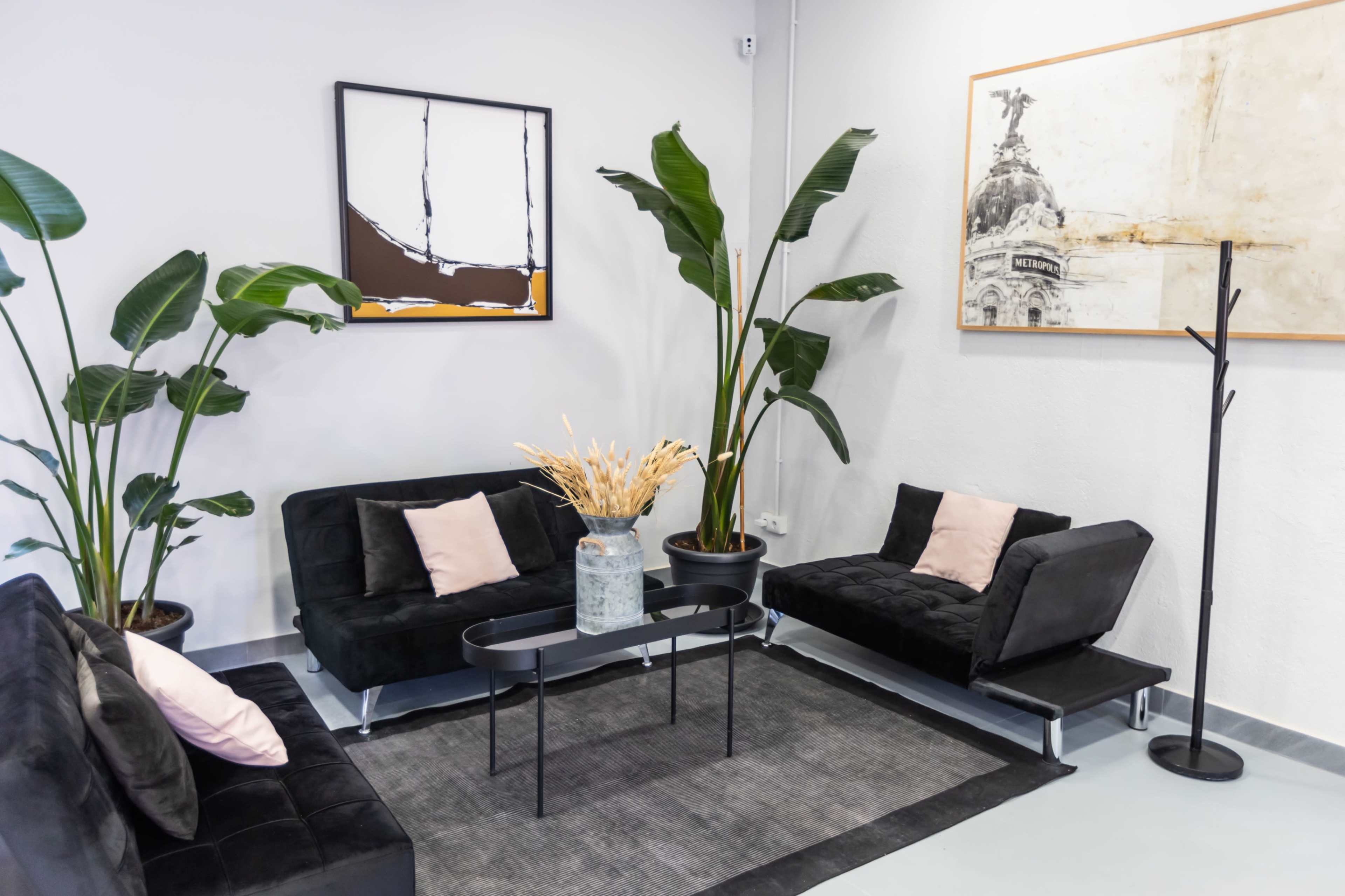 The image shows a modern lounge area with two black sofas, a black coffee table, and decorative plants, set against a light-colored wall featuring two framed artworks.