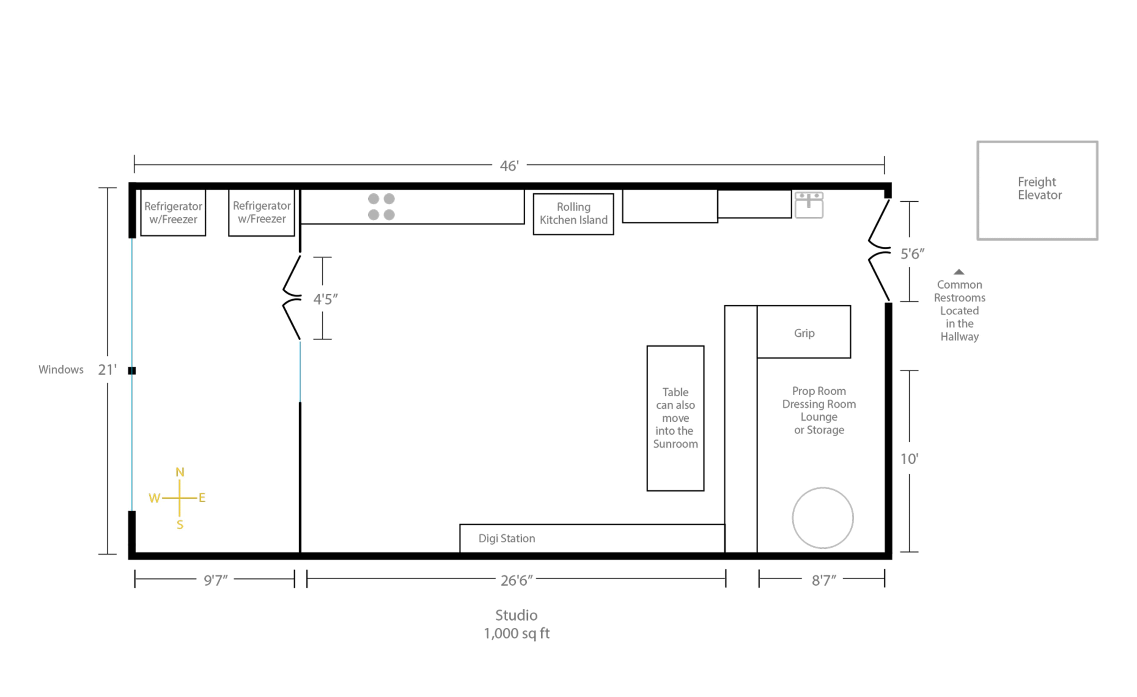 The image is a floor plan of a 1,000 square foot studio layout, featuring designated areas for a kitchen, table, grip station, and freight elevator.