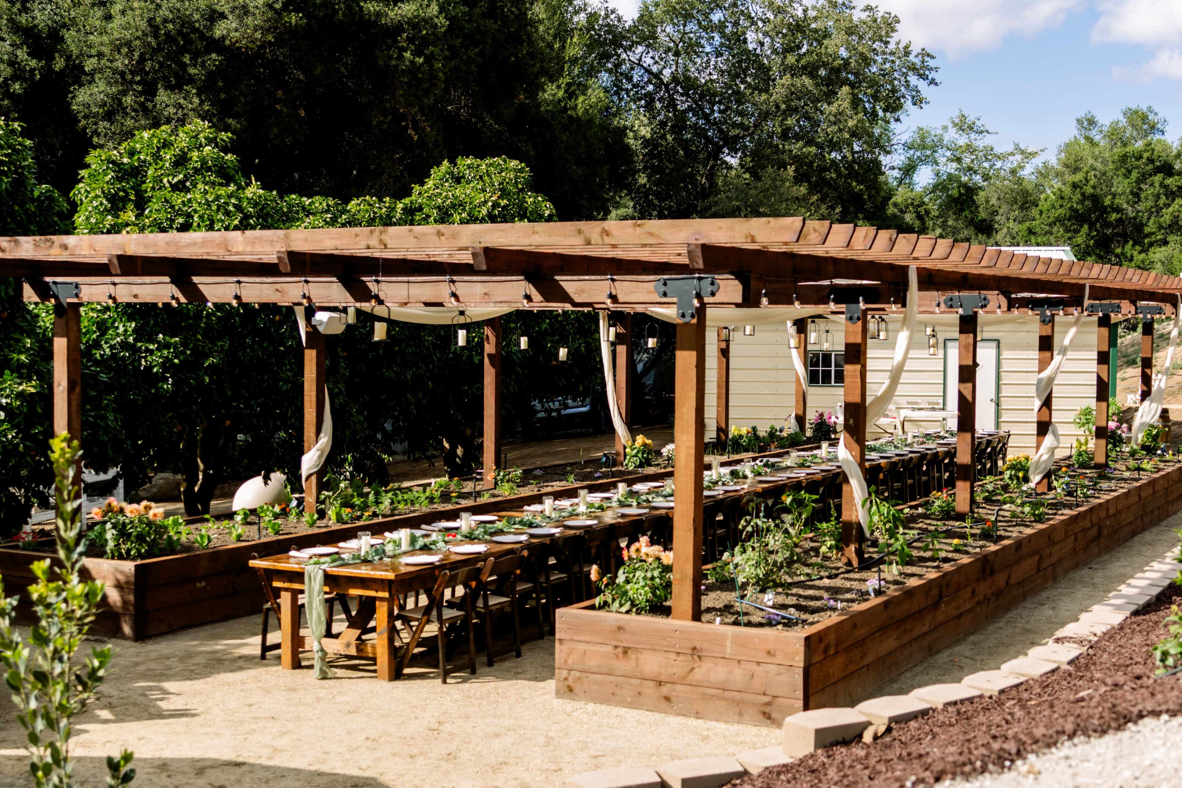A long, wooden dining table is set under a pergola surrounded by greenery, with decorative plants lining the edges in an outdoor setting.