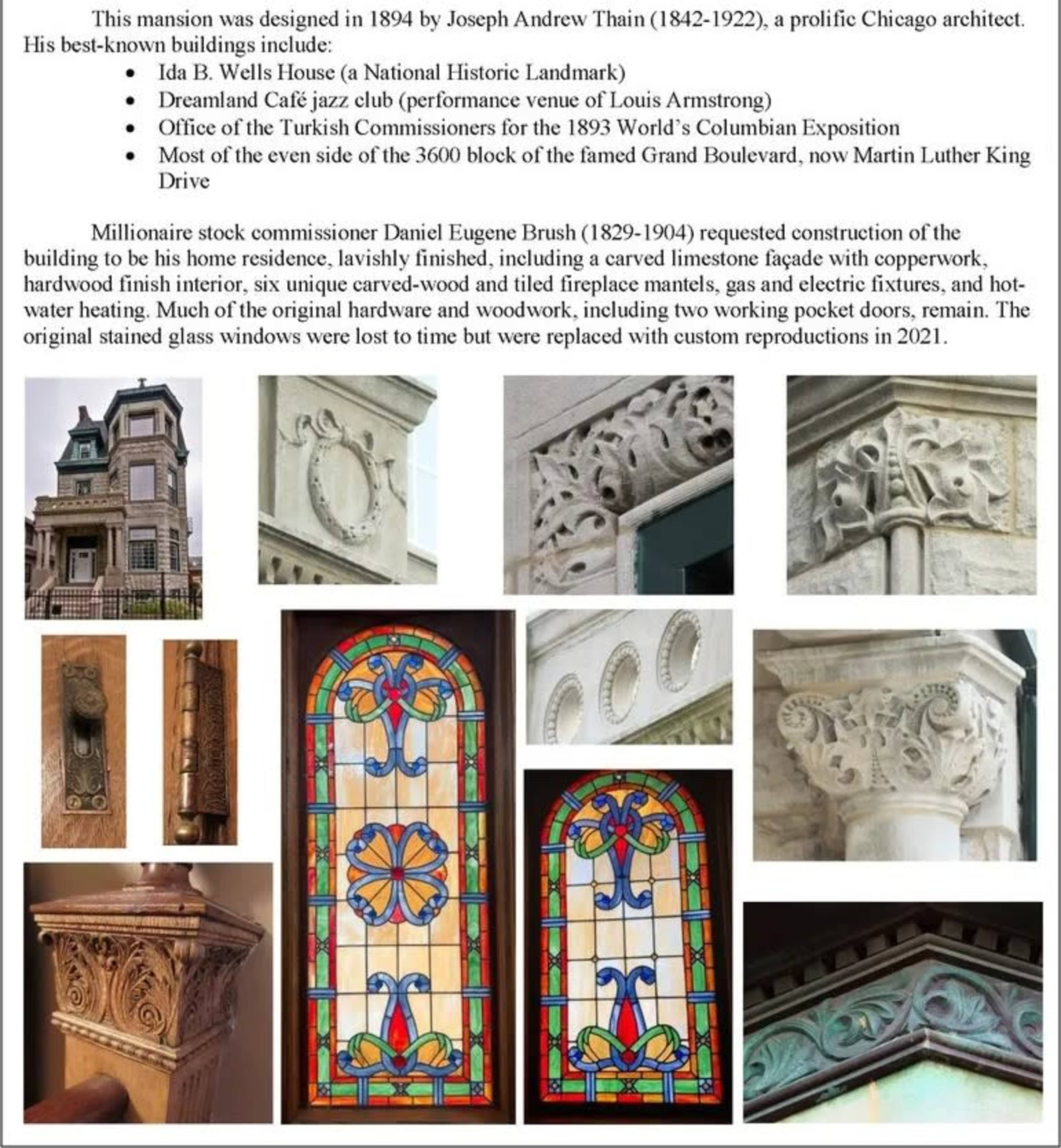 The image displays a historical mansion designed by architect Joseph Andrew Thain in 1894, featuring detailed stonework and custom stained glass windows.