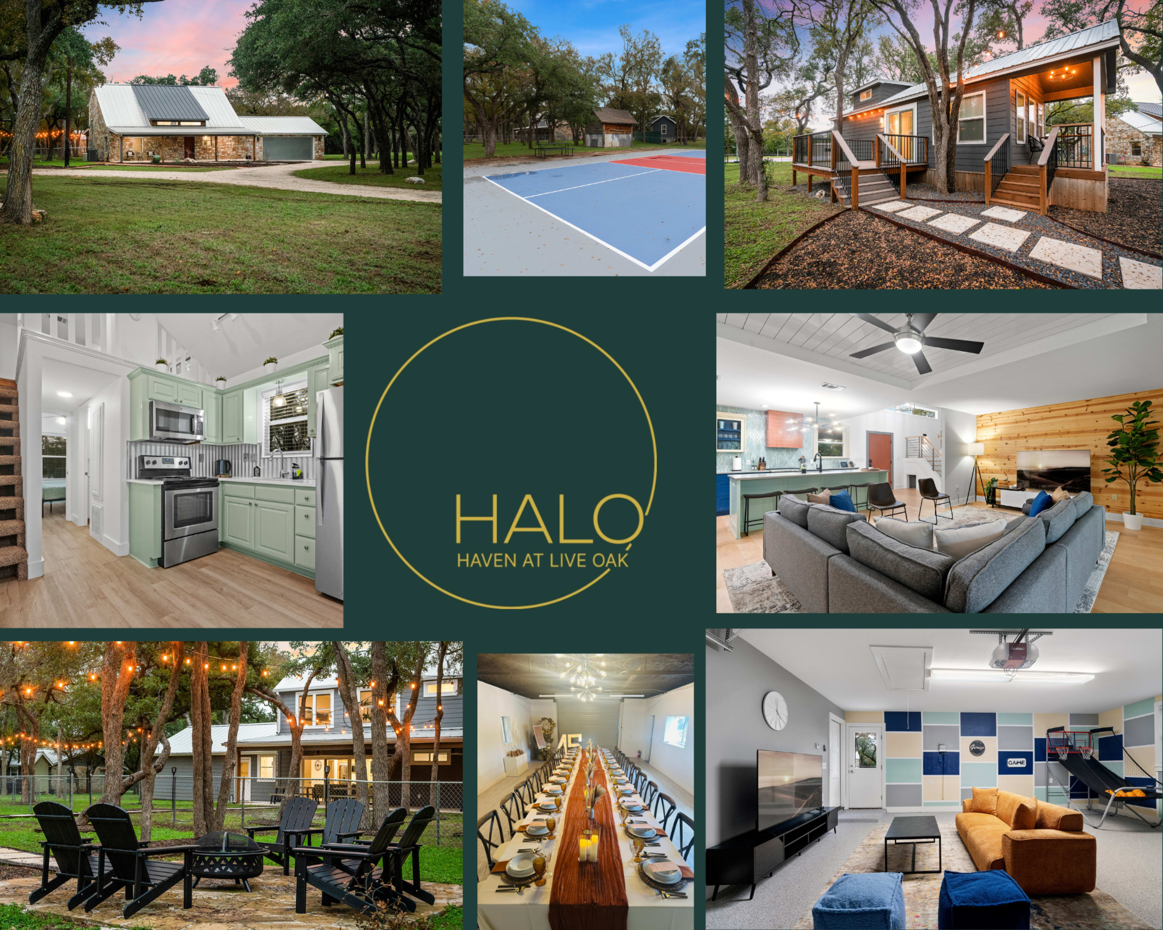 The image showcases a collage of various scenes from a property named "Halo Haven at Live Oak," featuring exterior and interior views, recreational facilities, a kitchen, dining area, and living spaces.