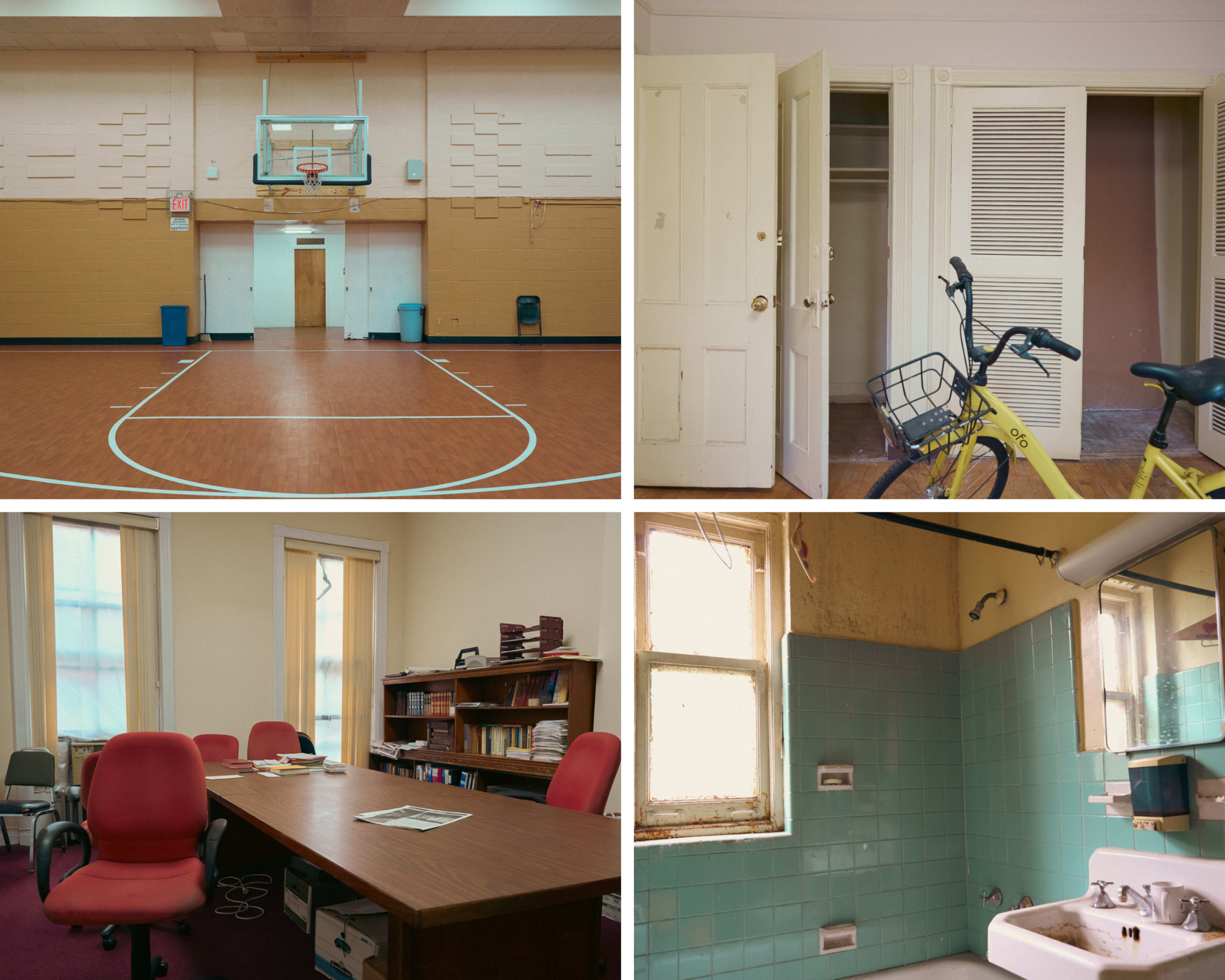 The image displays a collage of four scenes: a basketball court with a hoop, an empty room with a bicycle, an office setting with a large table and chairs, and a bathroom featuring turquoise tiles and a sink.