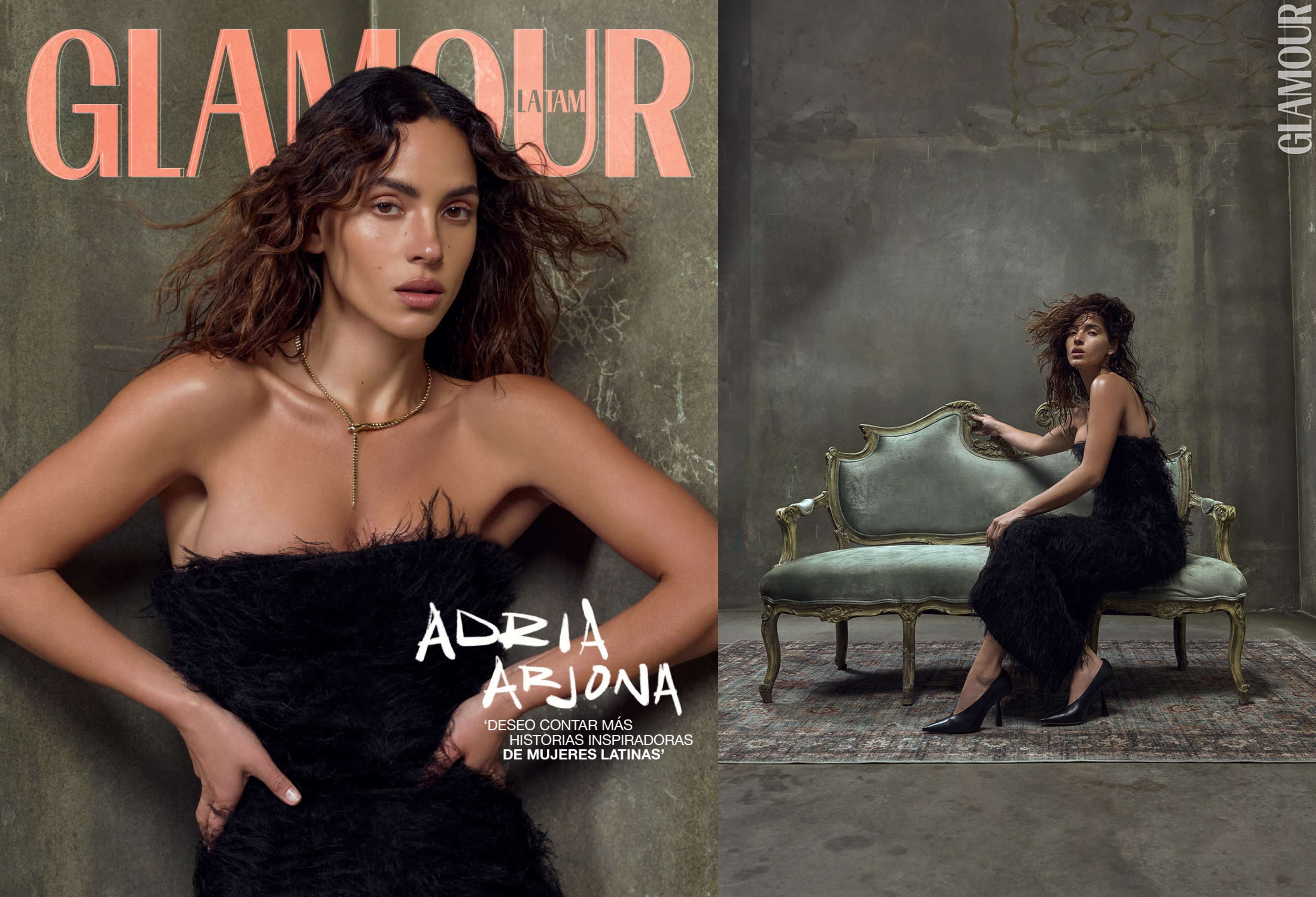 The magazine cover features a woman in a black dress posing in front of a gray wall, while another image shows her seated elegantly on a vintage green sofa.