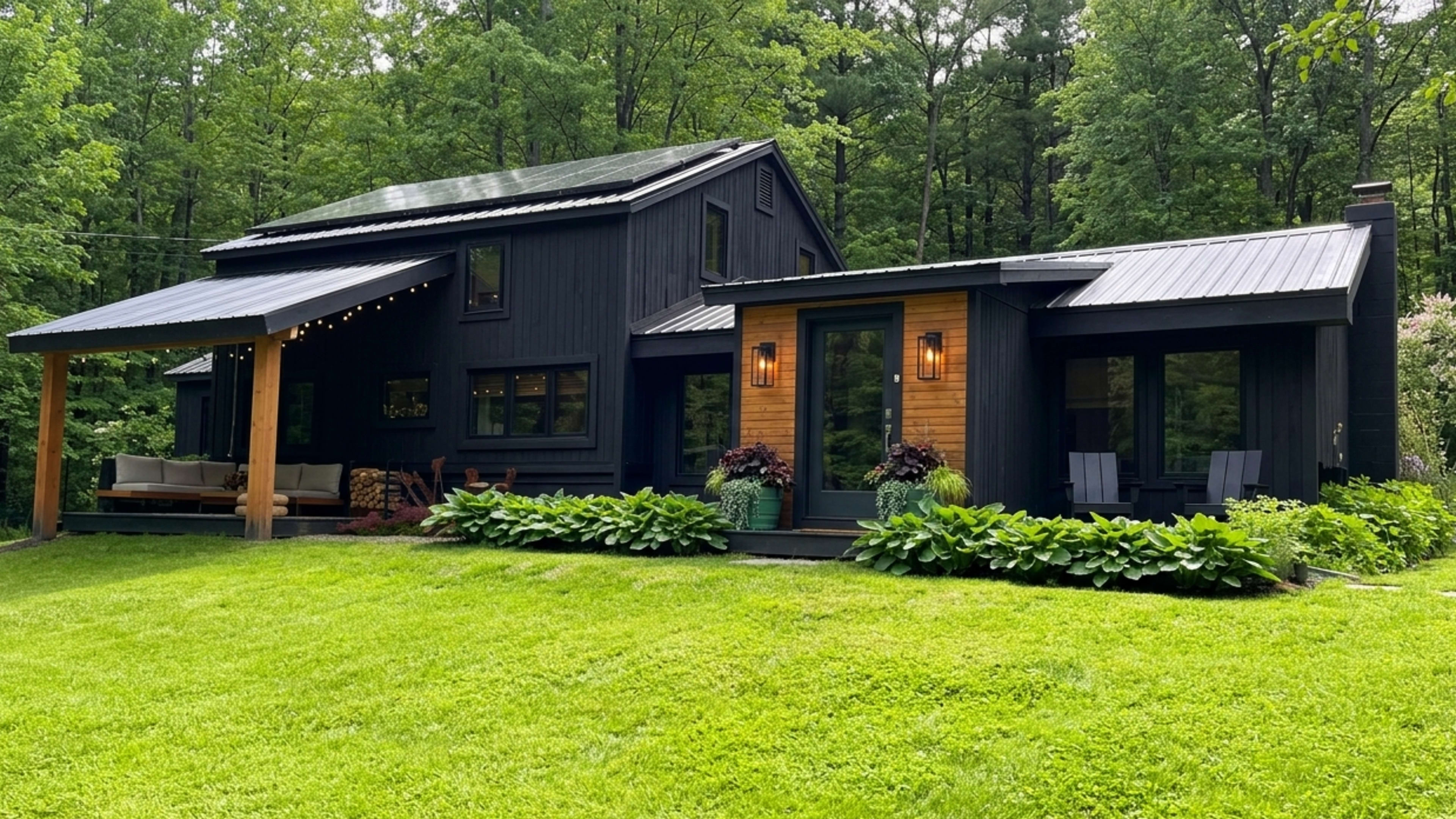 The image shows a modern black house with a metal roof, surrounded by greenery and featuring a porch with outdoor seating.