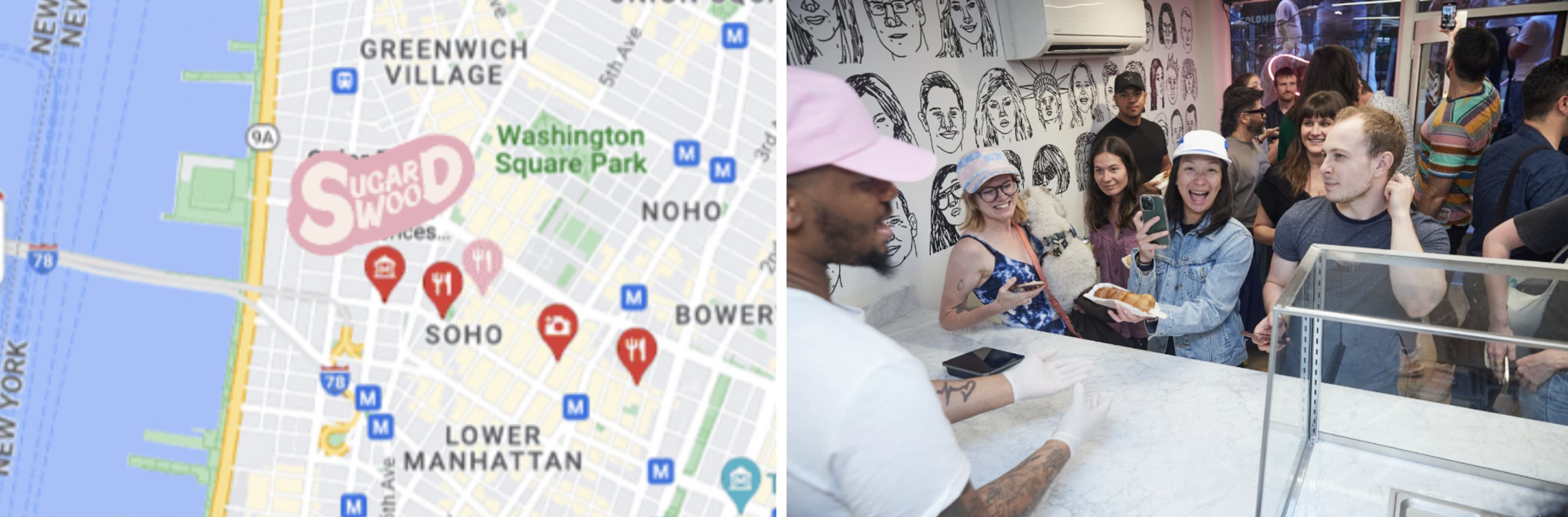 A map highlighting Sugarwood in Manhattan next to a bustling shop where customers are interacting with staff and enjoying food.