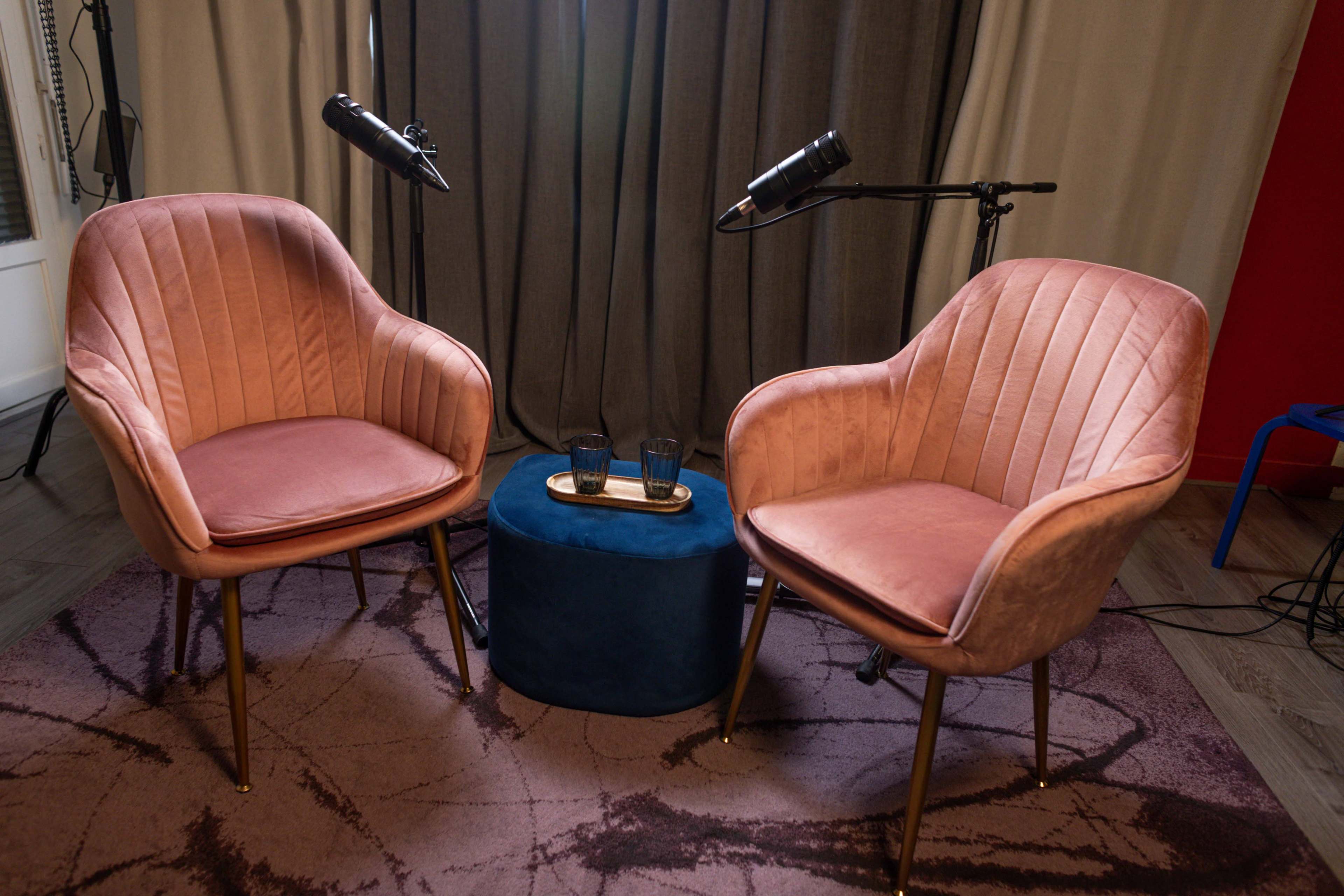 The image shows two pink upholstered chairs facing each other on a patterned rug, with a small blue table in between and two microphones positioned above.