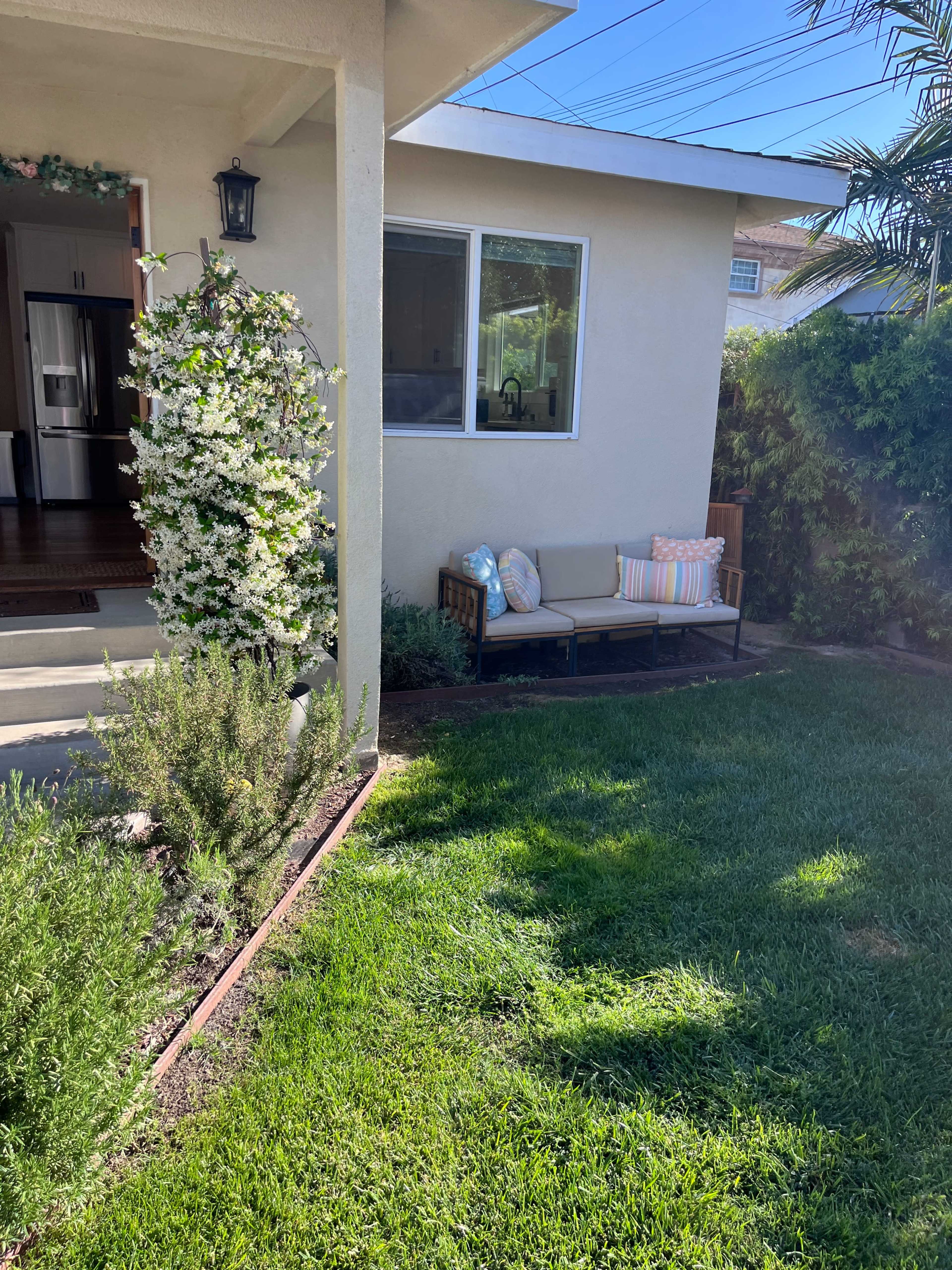 A brown wooden bench with cushions is placed on the lawn next to a white house, framed by green plants and a flowering vine.