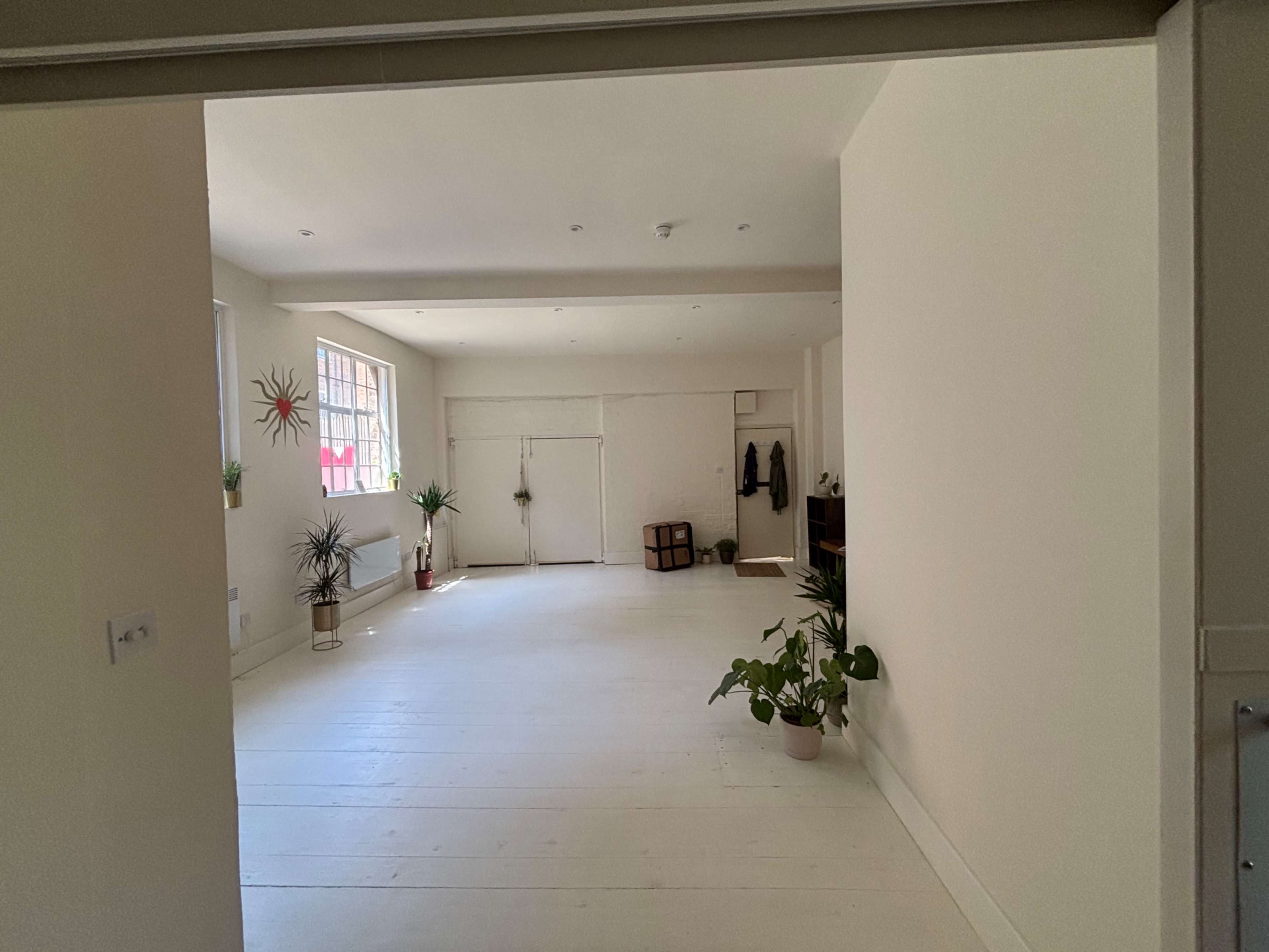 The image shows a spacious, minimalistic room with white walls, wooden flooring, and a few plants placed around.