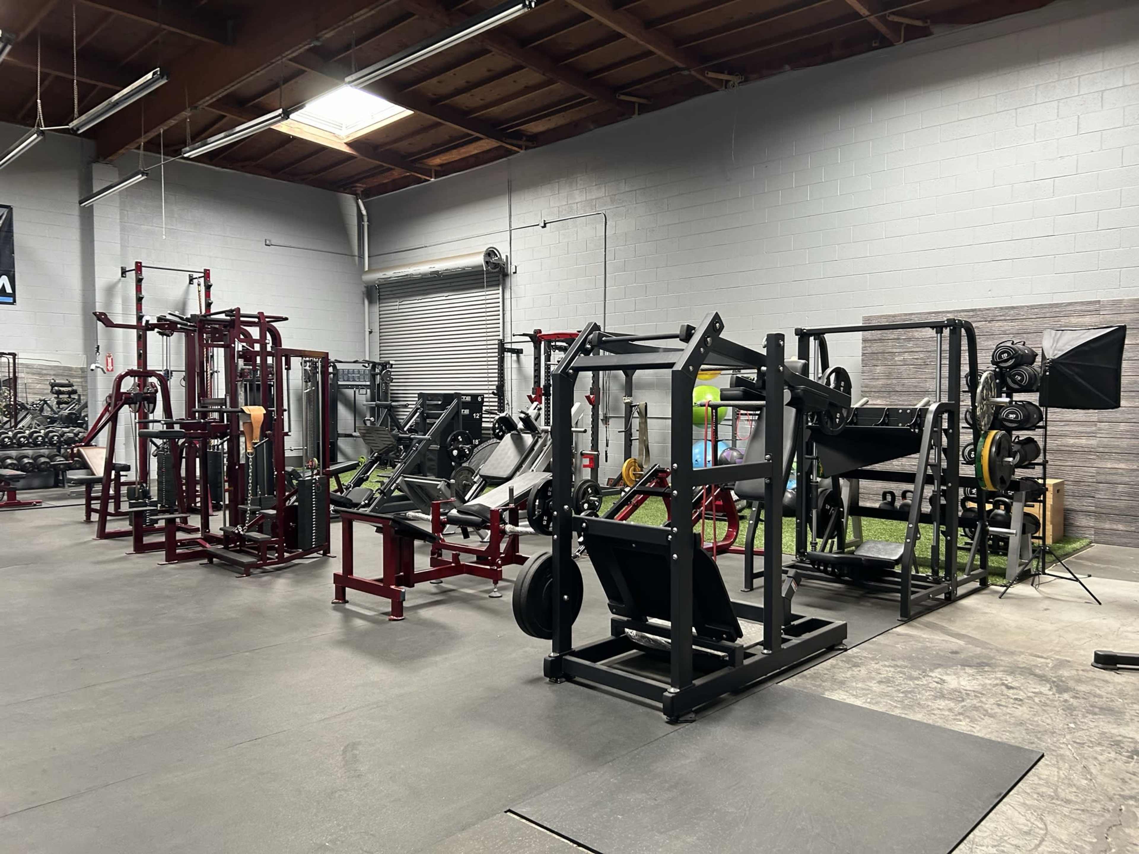 A spacious gym featuring various workout machines and free weights arranged on a rubber floor.