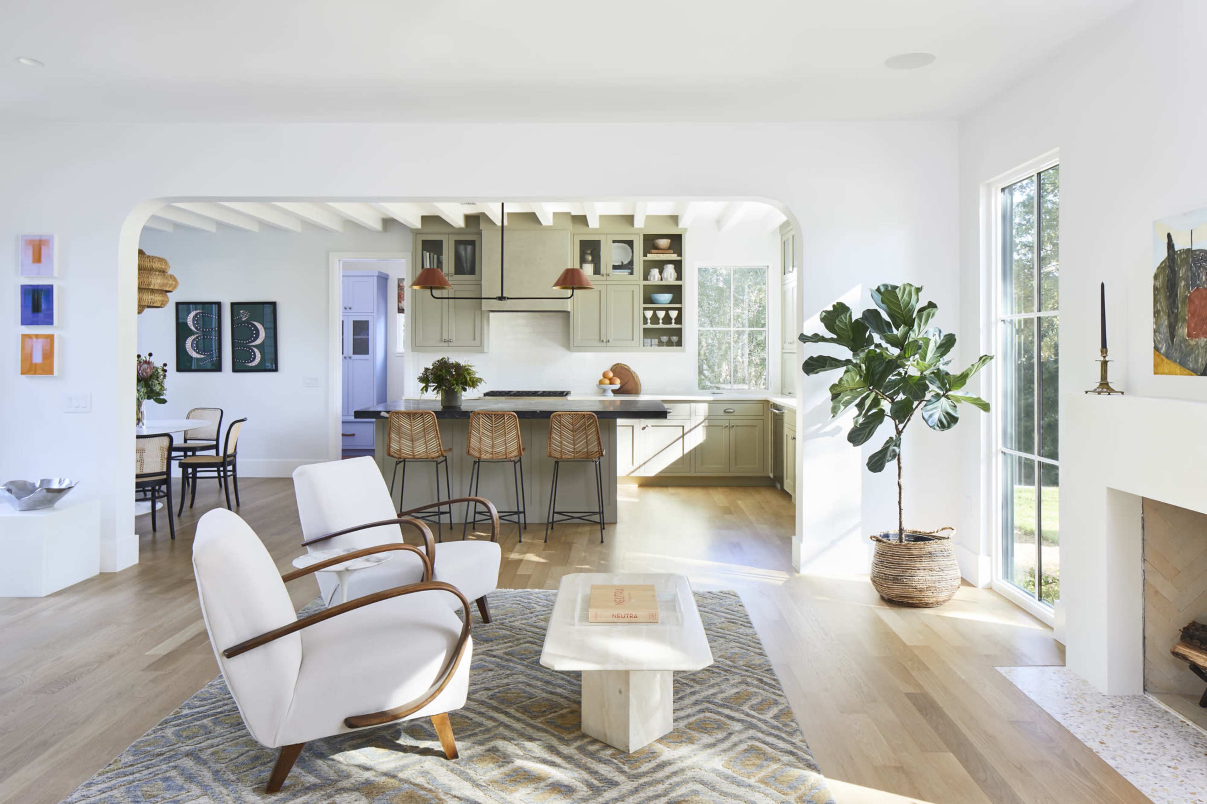 A modern living space featuring a light-filled open floor plan with a seating area, a kitchen in the background, and decorative plants.