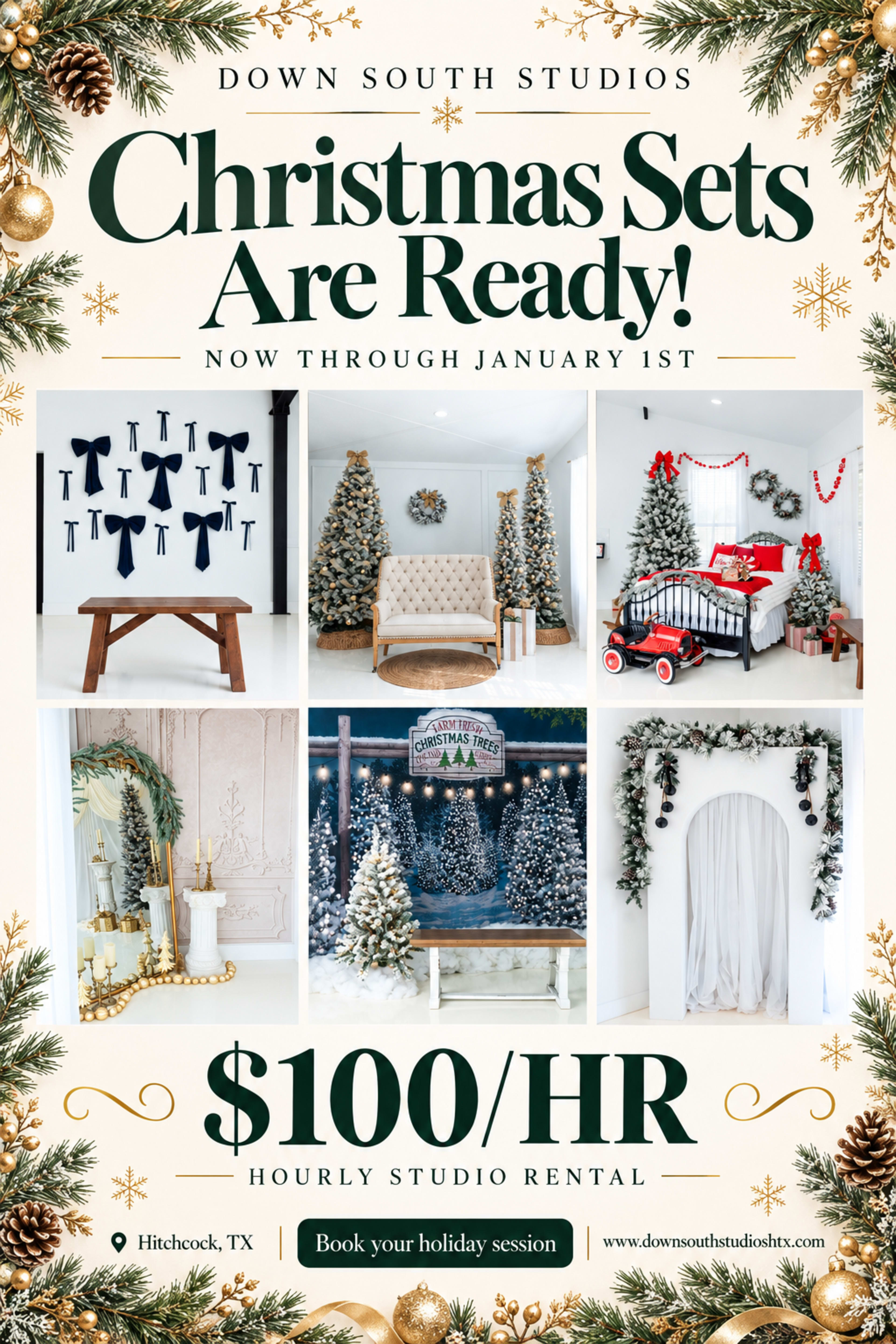 A promotional poster advertising Christmas studio sets for rental, featuring decorations such as a Christmas tree, garlands, and festive ornaments, with pricing and booking information.