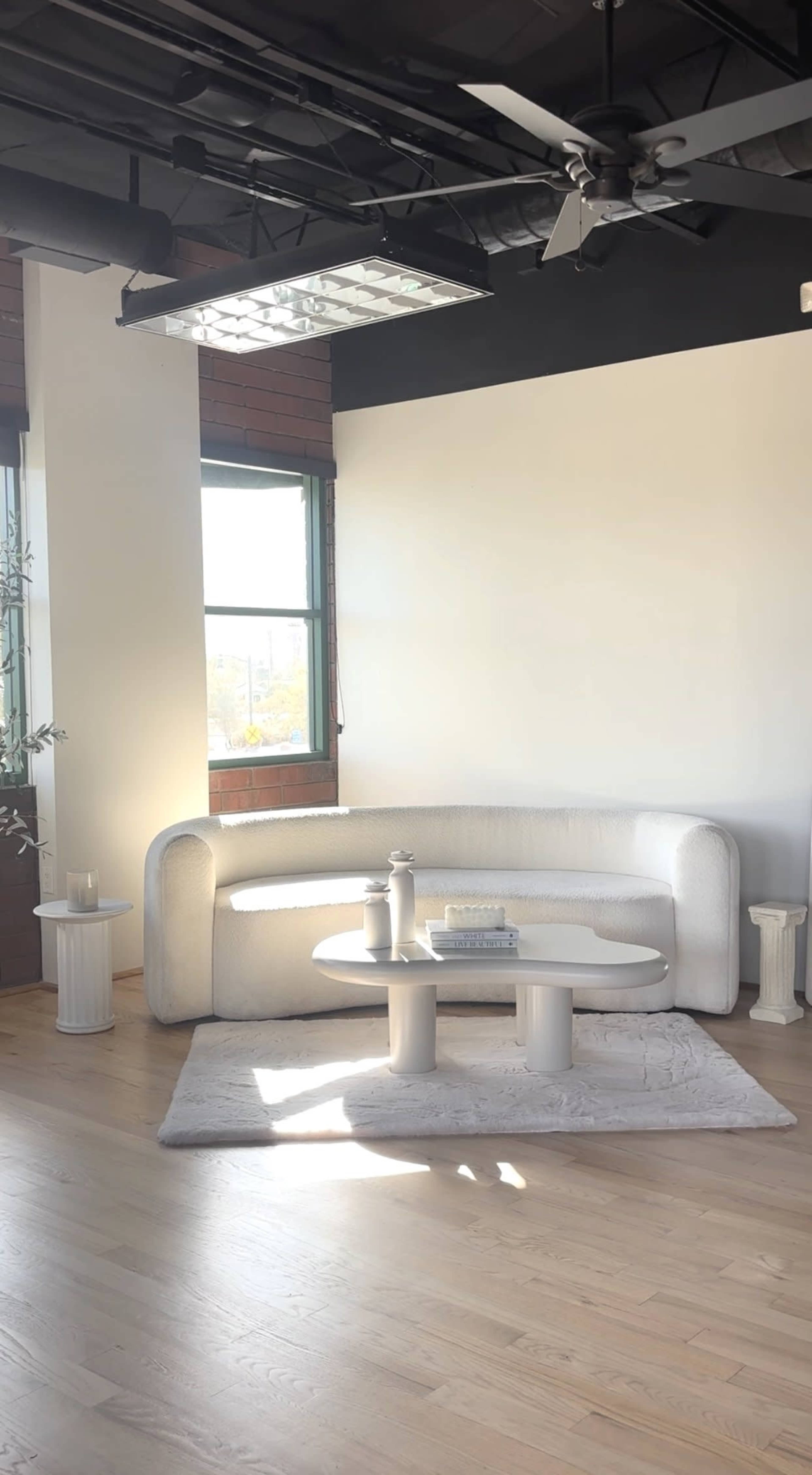A modern living space features a curved white sofa, a circular coffee table, and a rug on a light wooden floor near large windows.