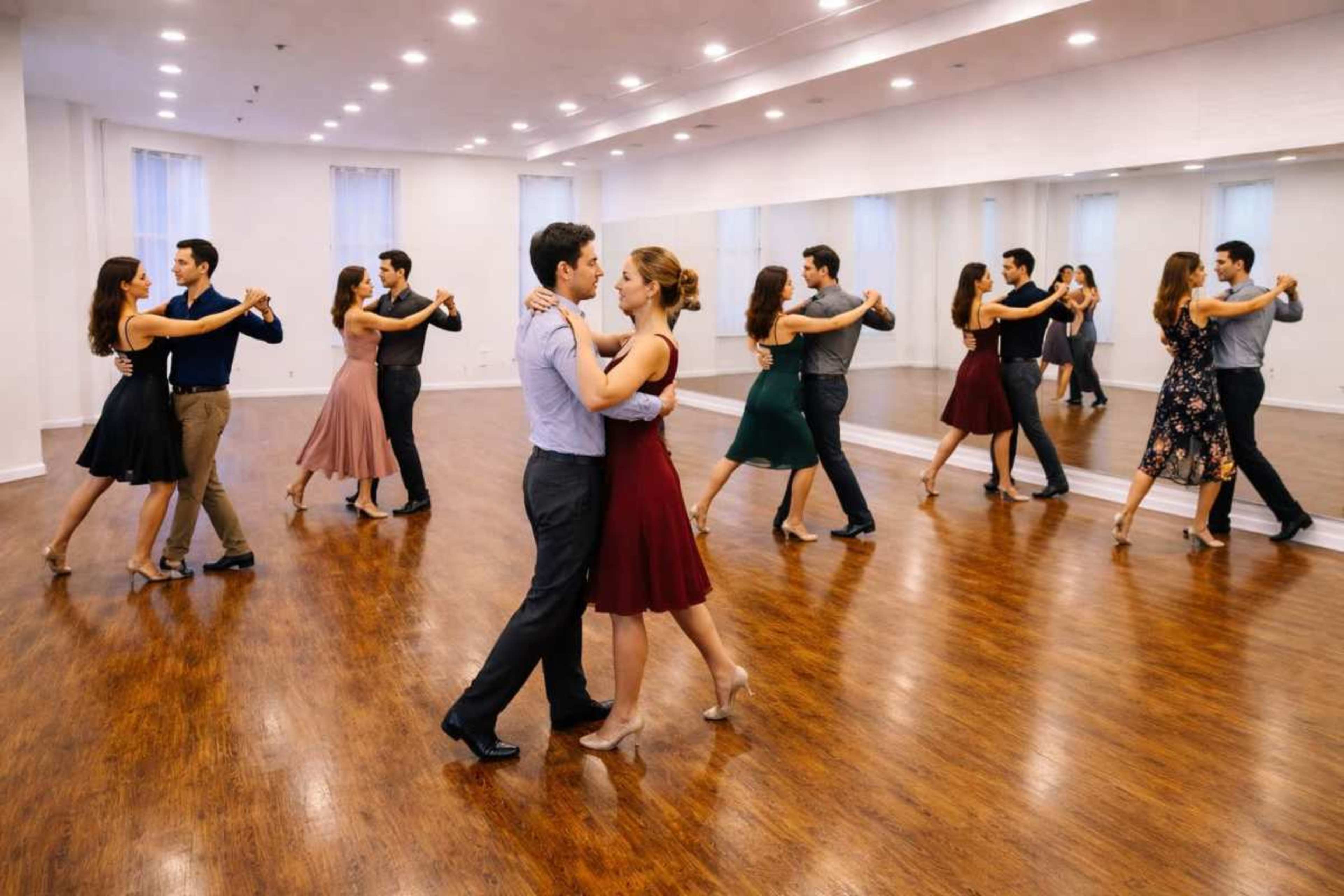 A group of couples is dancing in a mirrored studio with wooden floors and bright lighting.