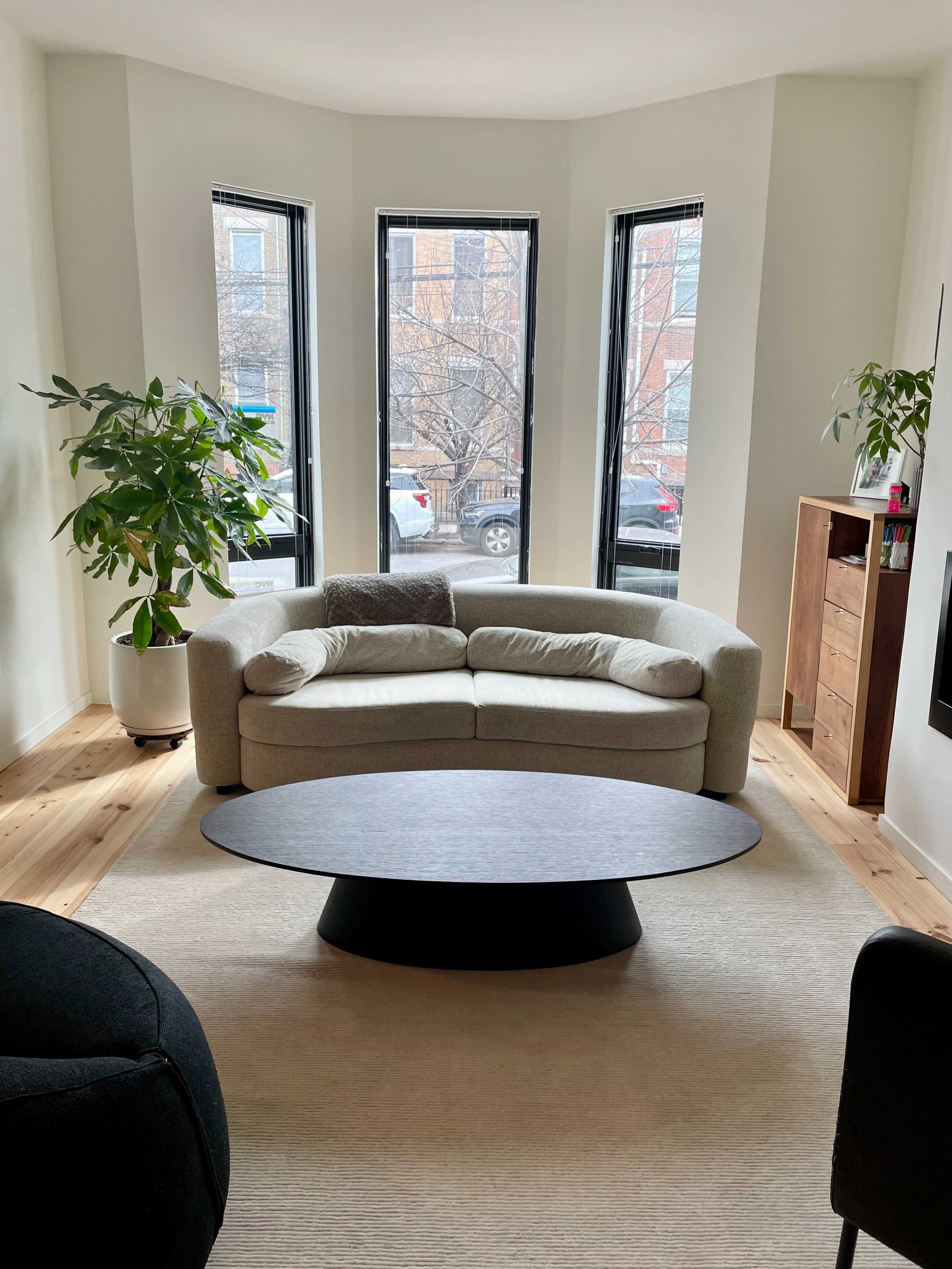 A cozy living room features a curved sofa, a round coffee table, and large windows providing views of the outside.