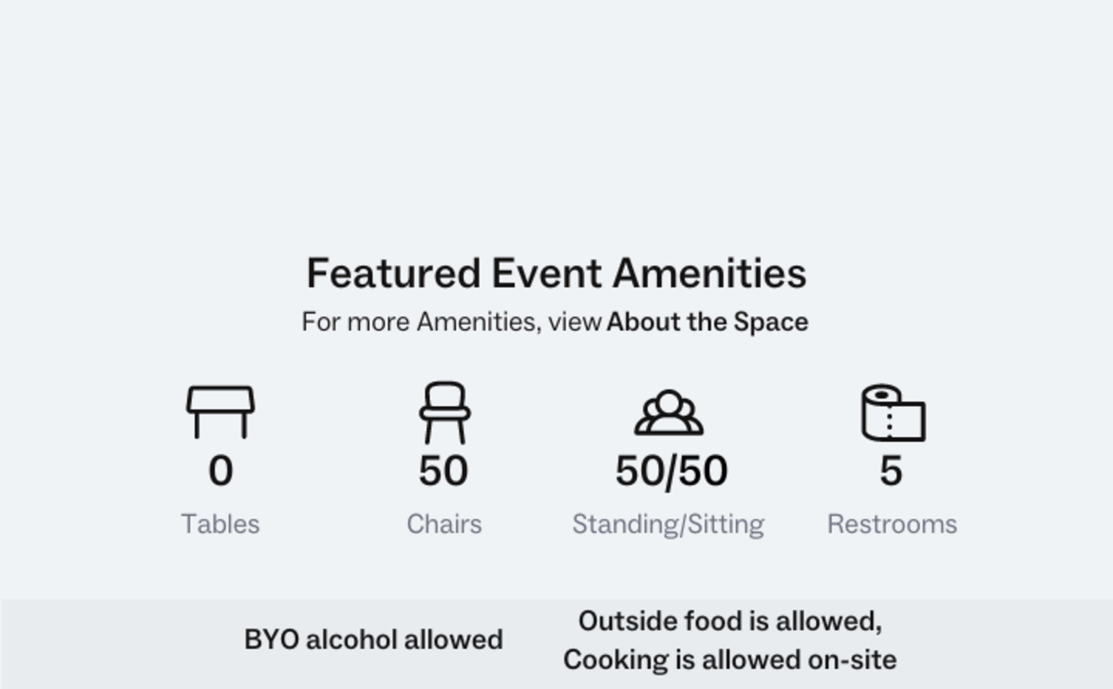 The image displays information about featured event amenities, including the number of tables, chairs, standing/sitting capacity, and restrooms available.