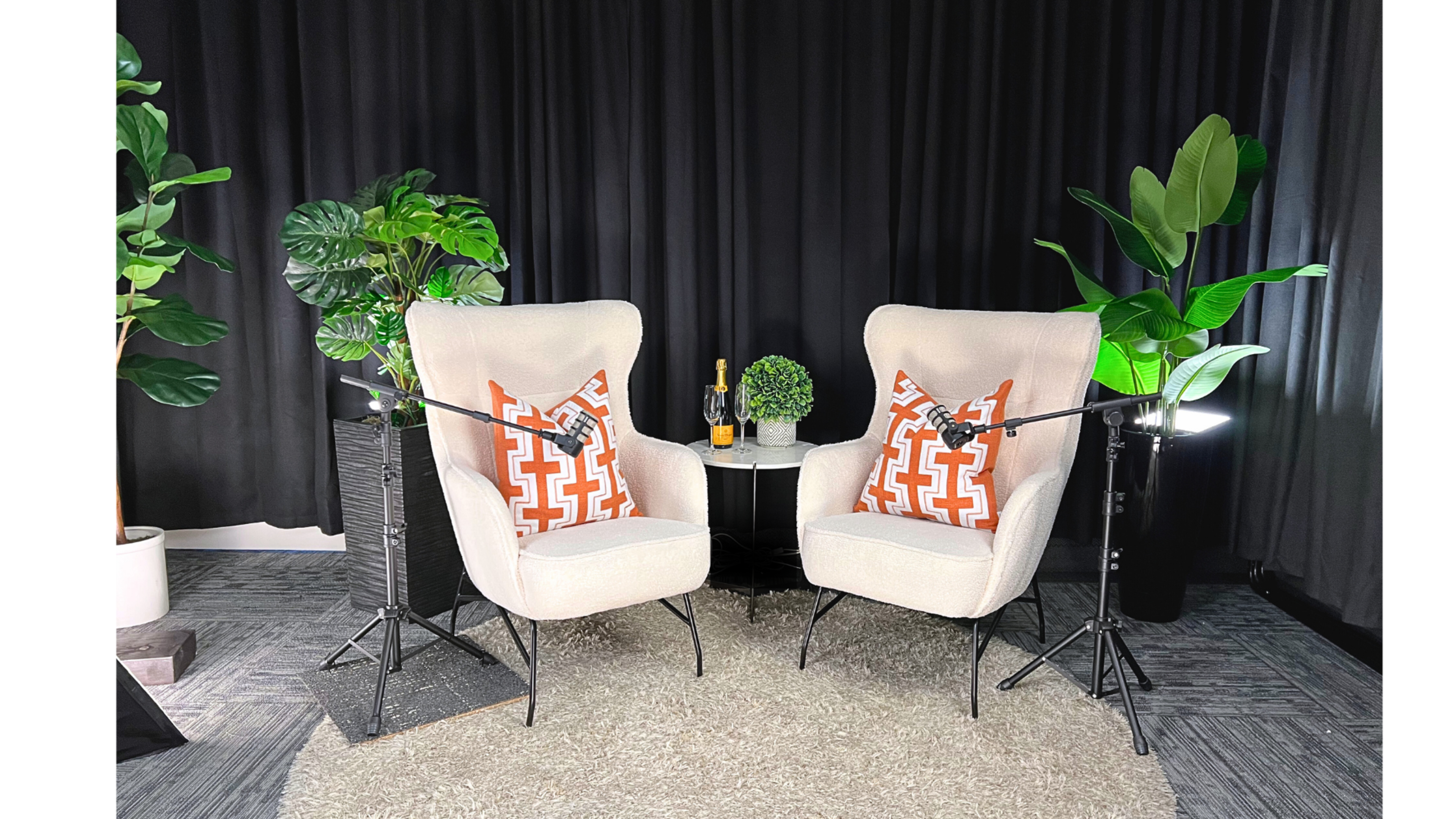 The image shows two stylish armchairs with decorative pillows facing each other, accompanied by plants and a small table holding a bottle and a decorative item, all set against a dark curtain backdrop.