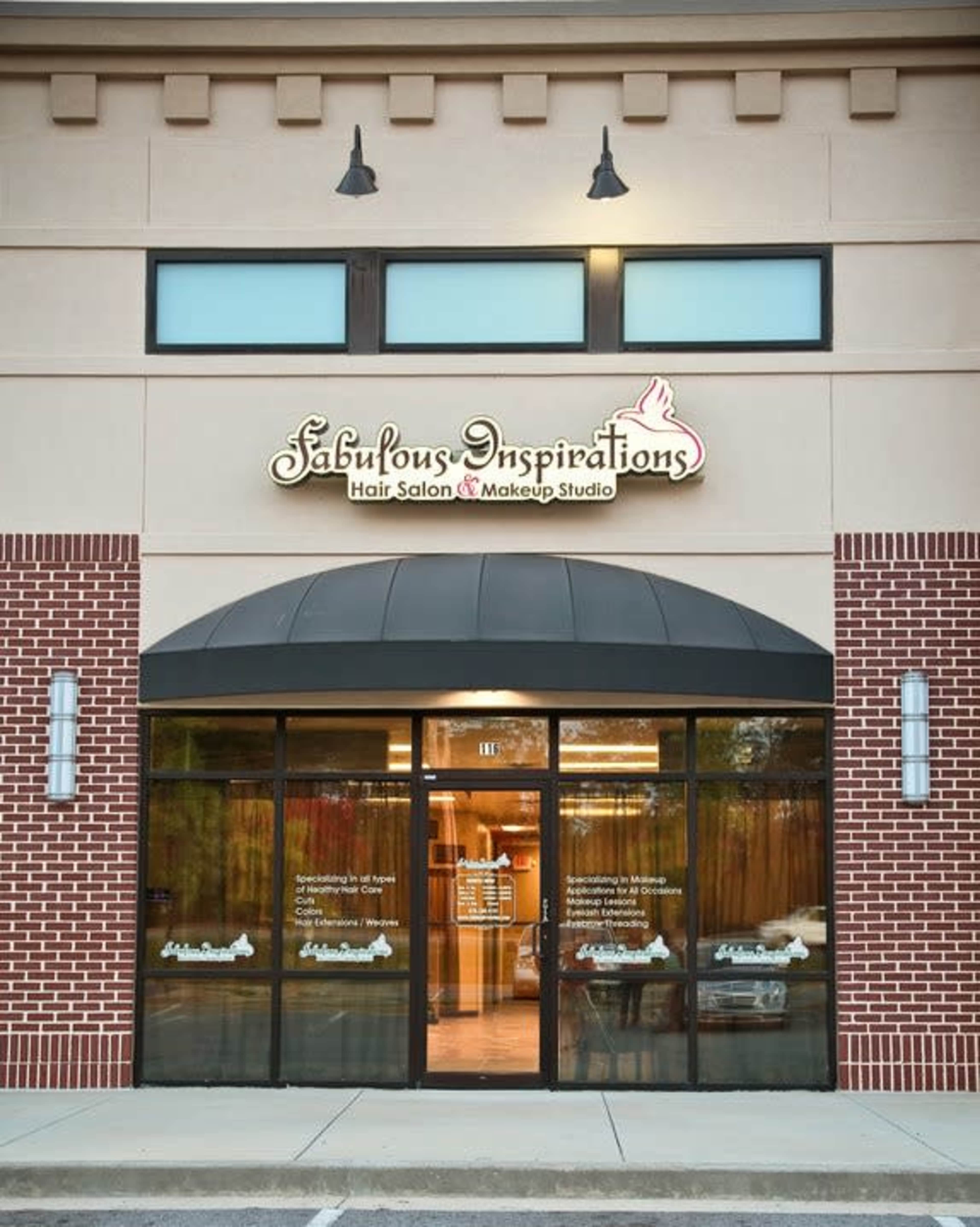 The image shows the storefront of "Fabulous Inspirations Hair Salon and Makeup Studio," featuring large windows and a sign above the entrance.