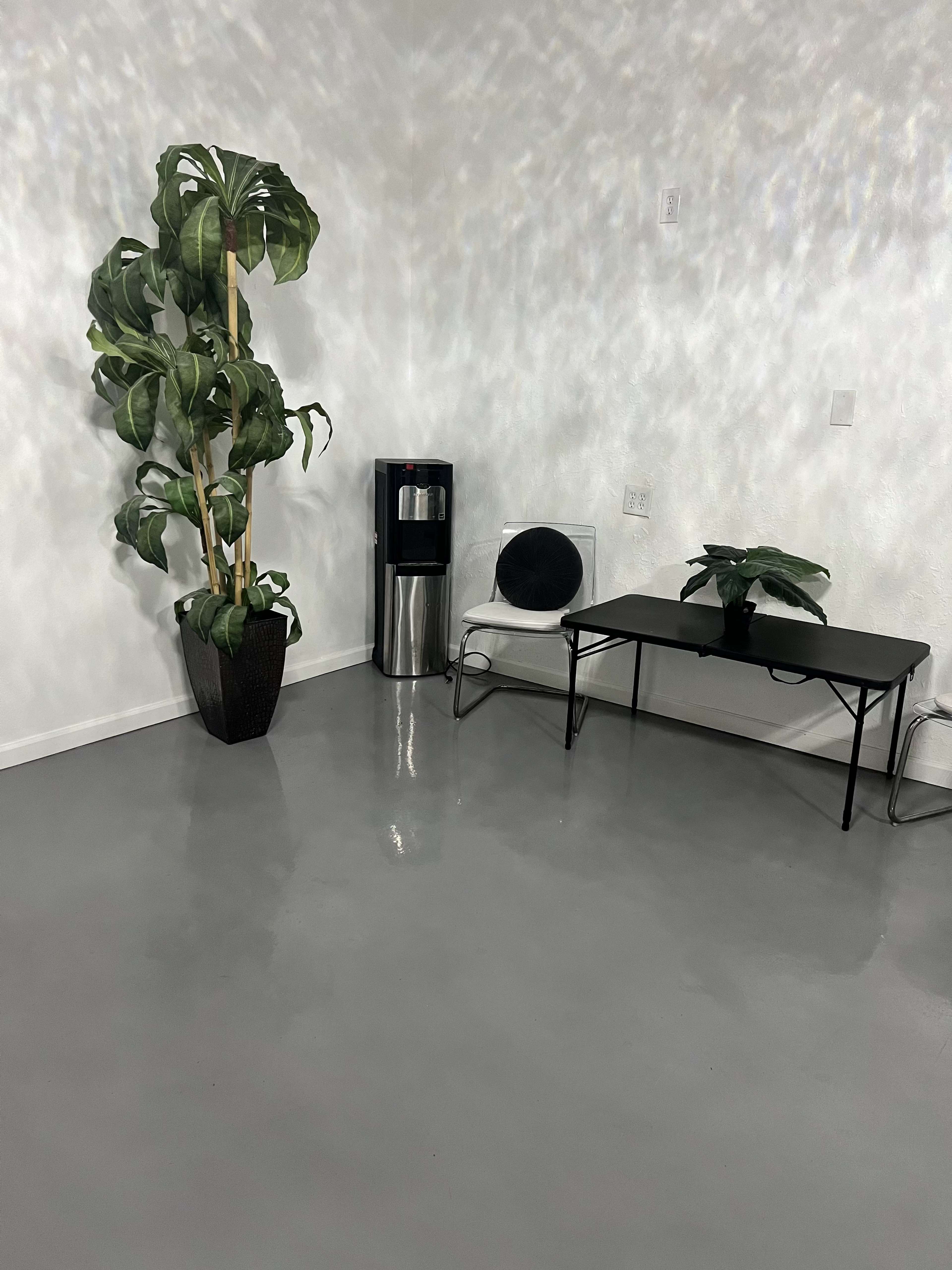 A corner of a room featuring a tall plant in a pot, a water cooler, and a small table with a plant on it.