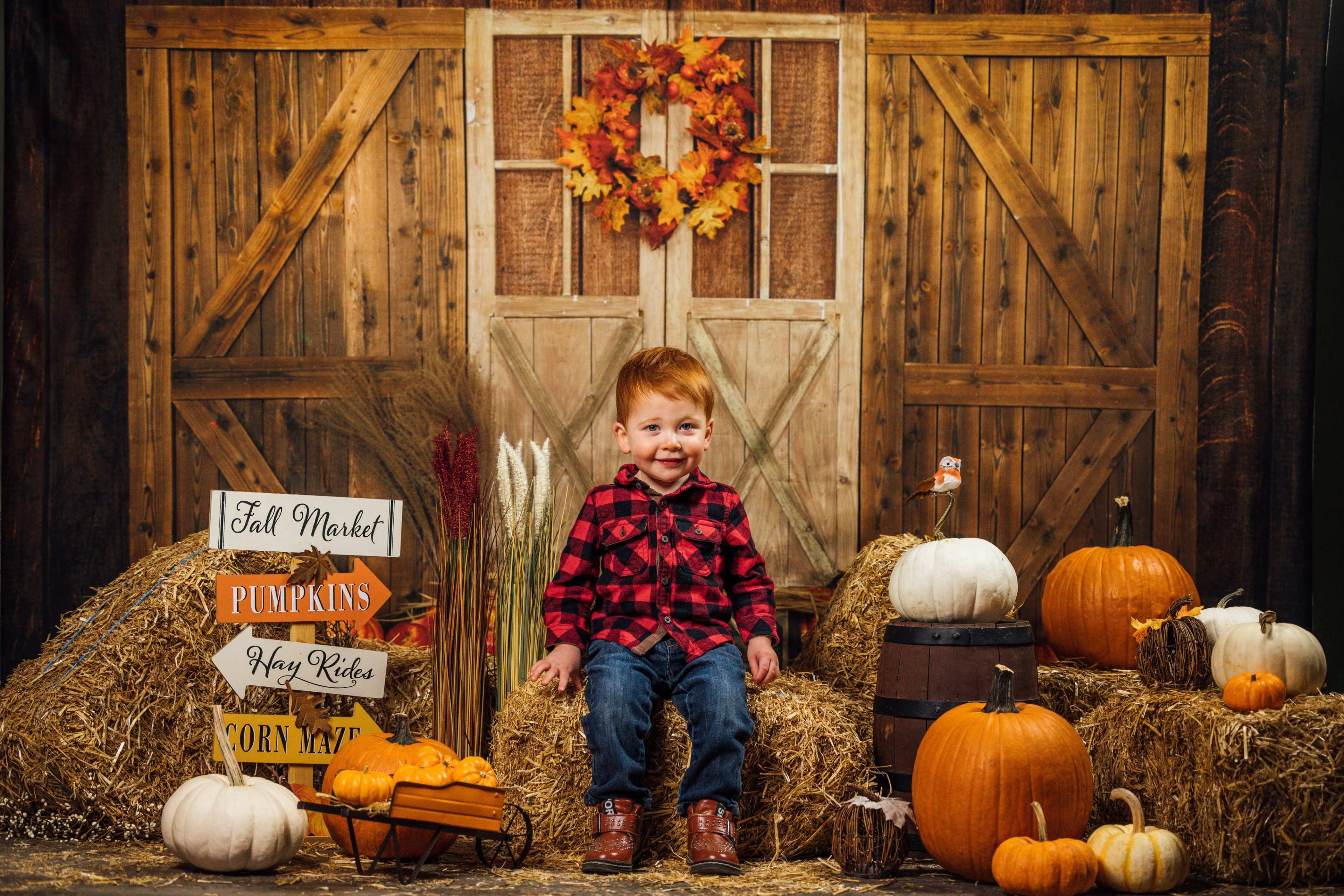 A young child wearing a plaid shirt sits on hay bales surrounded by pumpkins and fall decorations in a cozy setting.