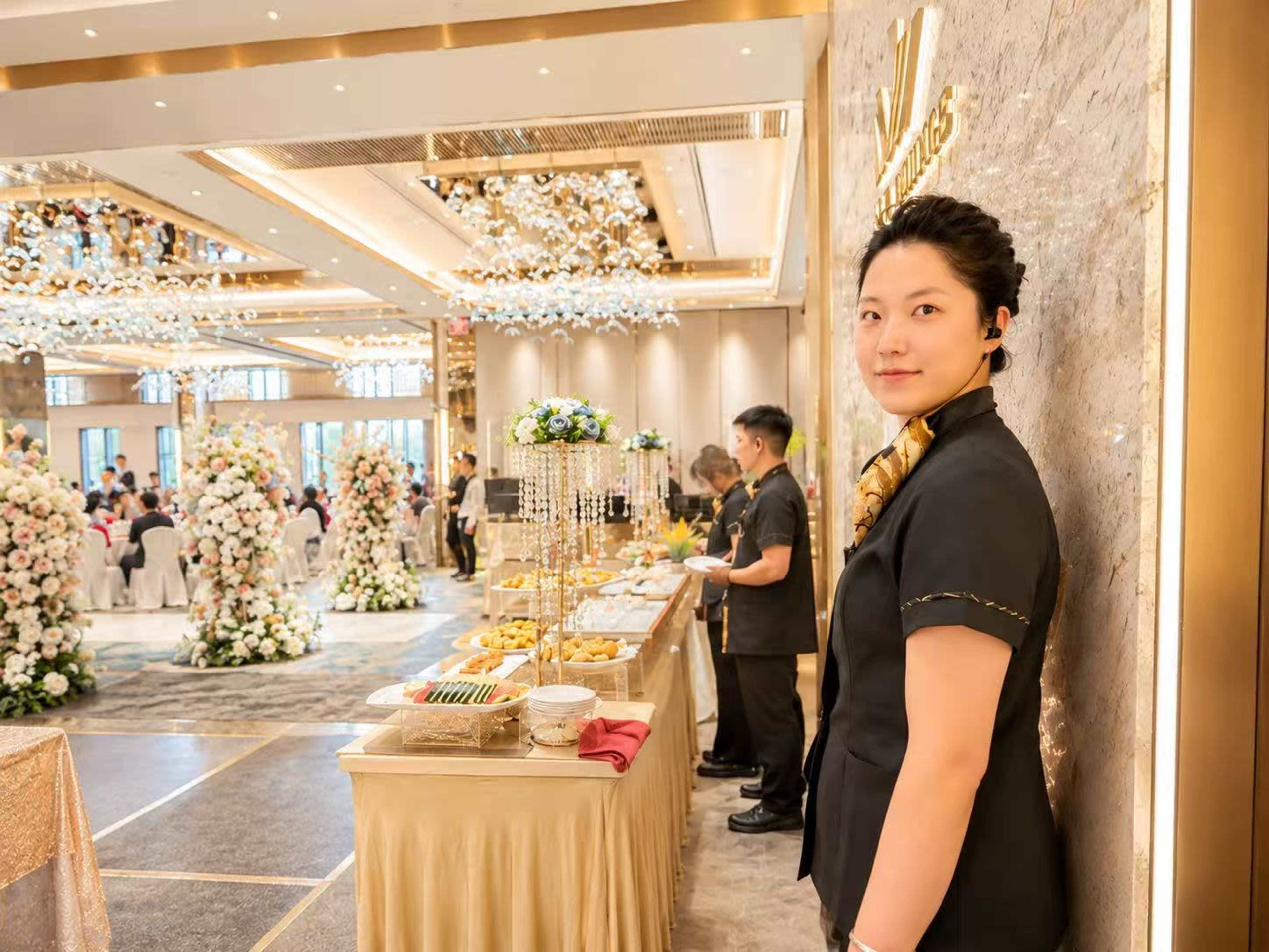 A well-decorated banquet hall features a buffet table with various dishes, attended by staff, while guests mingle in the background.