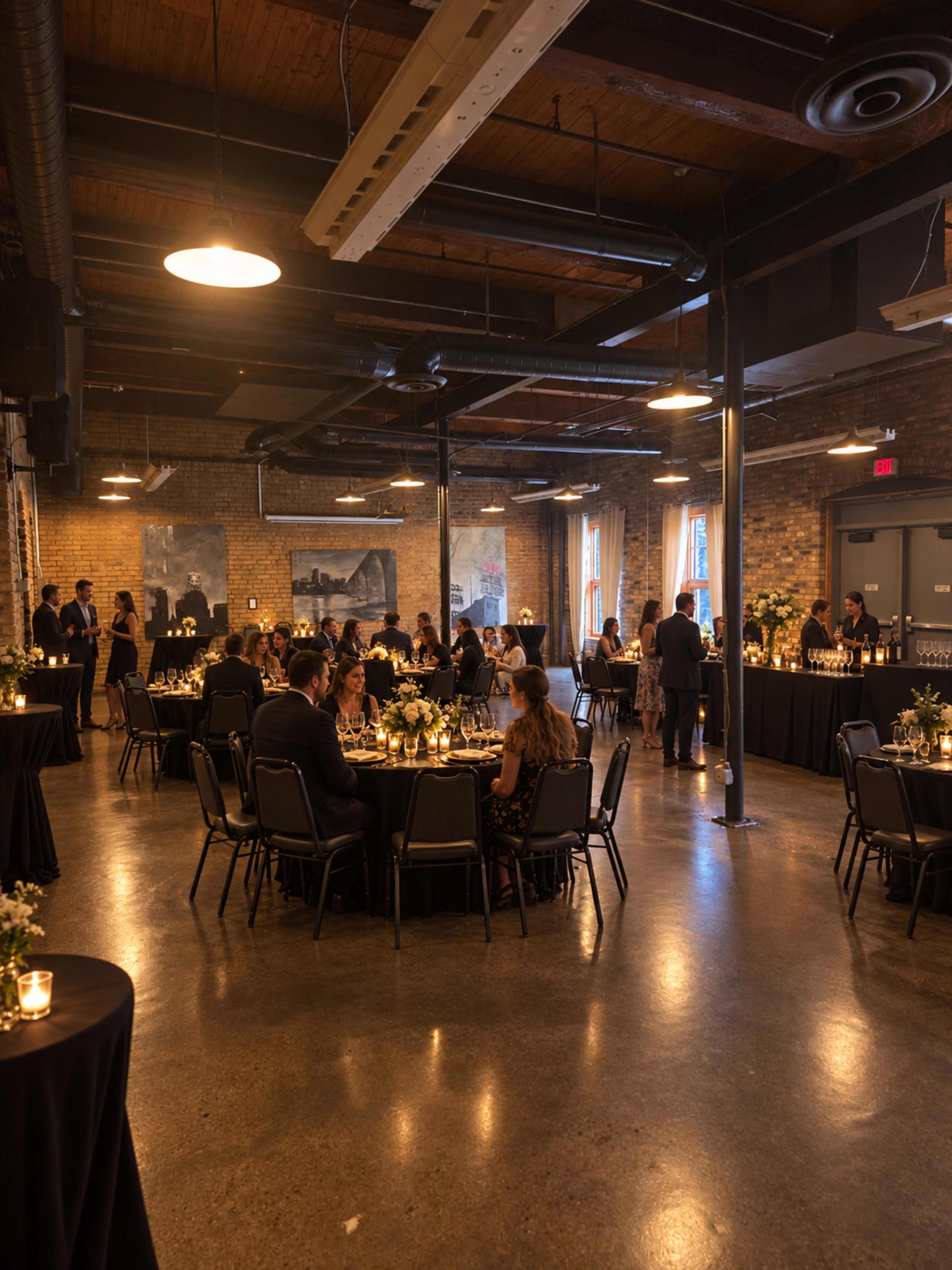 The image shows an elegantly arranged indoor event space with tables set for dining, soft lighting, and guests mingling.