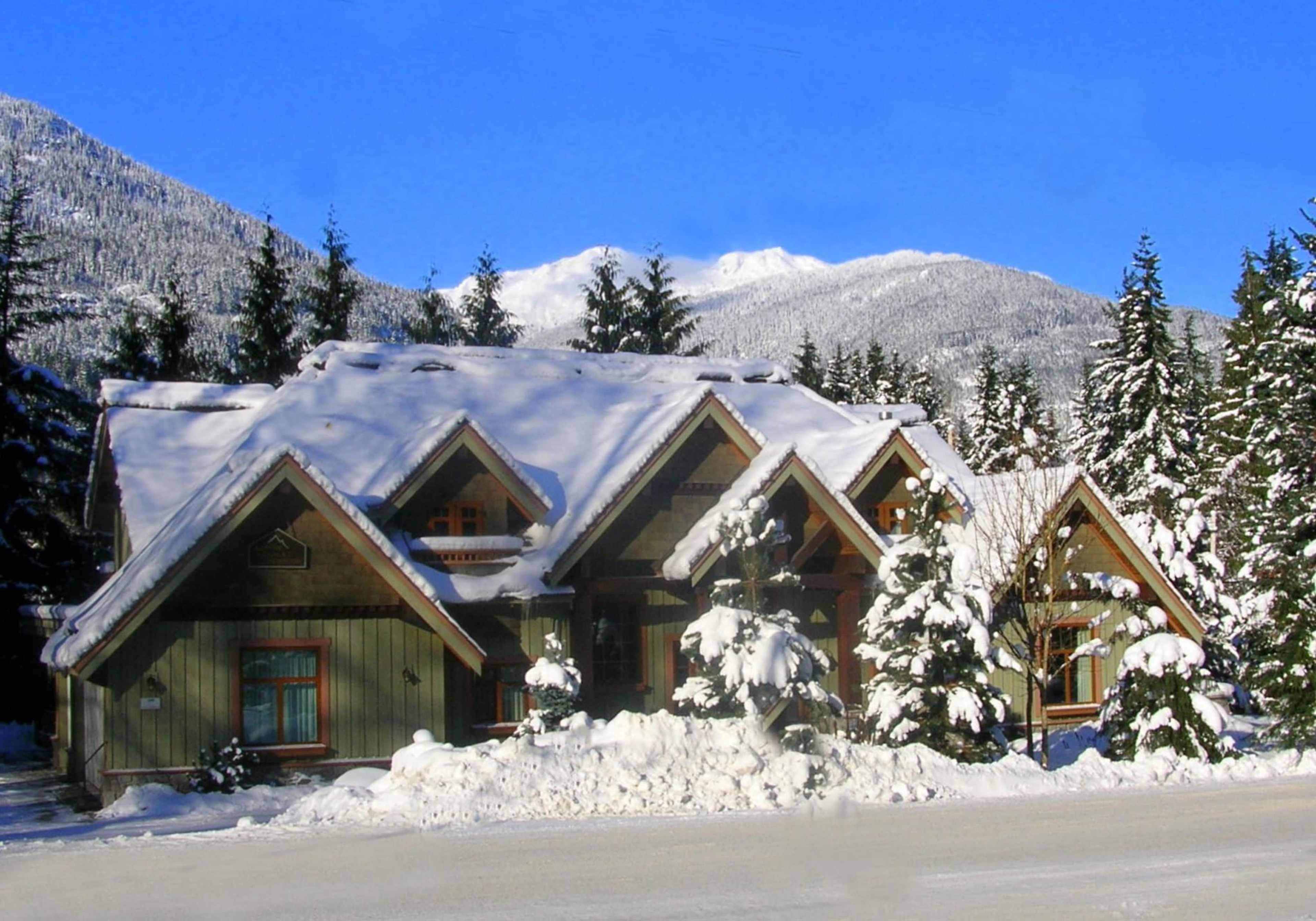 A snow-covered mountain house sits amidst tall evergreen trees under a clear blue sky.