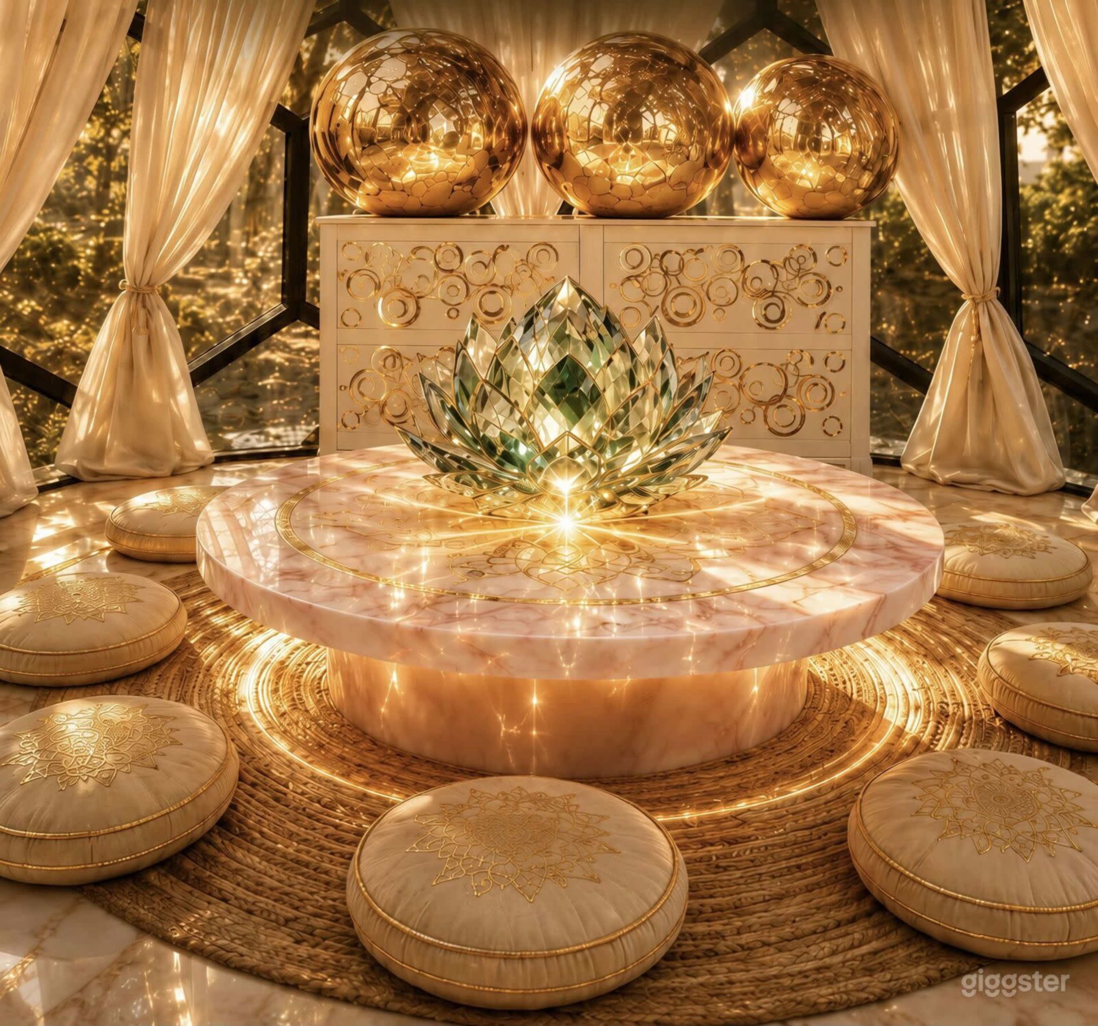 The image displays a lavish indoor space featuring a large, crystal lotus sculpture on a round marble table, surrounded by decorative cushions and illuminated by golden globes.