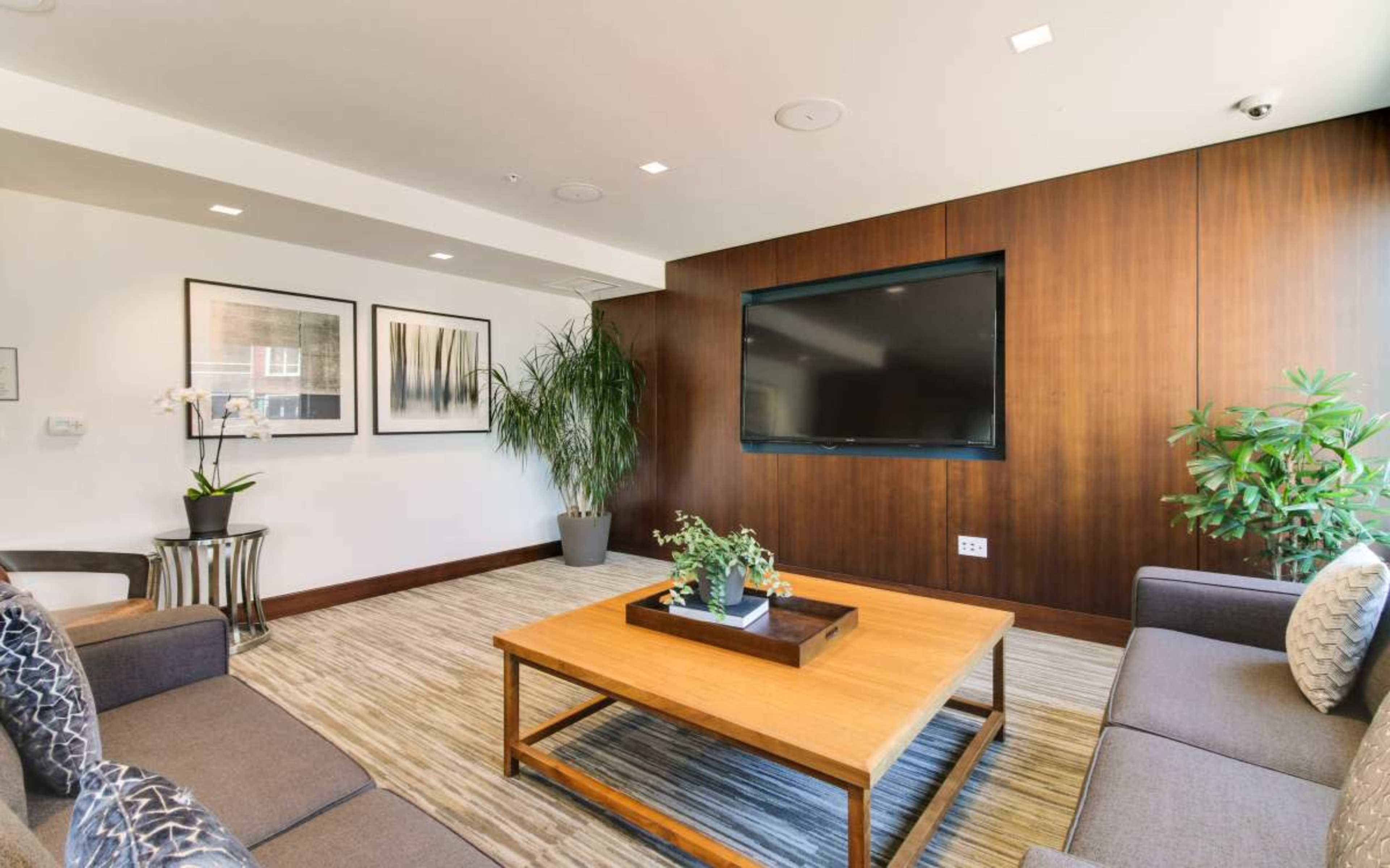 The image shows a modern lounge area featuring a wooden wall-mounted television, minimalist furniture, a coffee table, and potted plants.