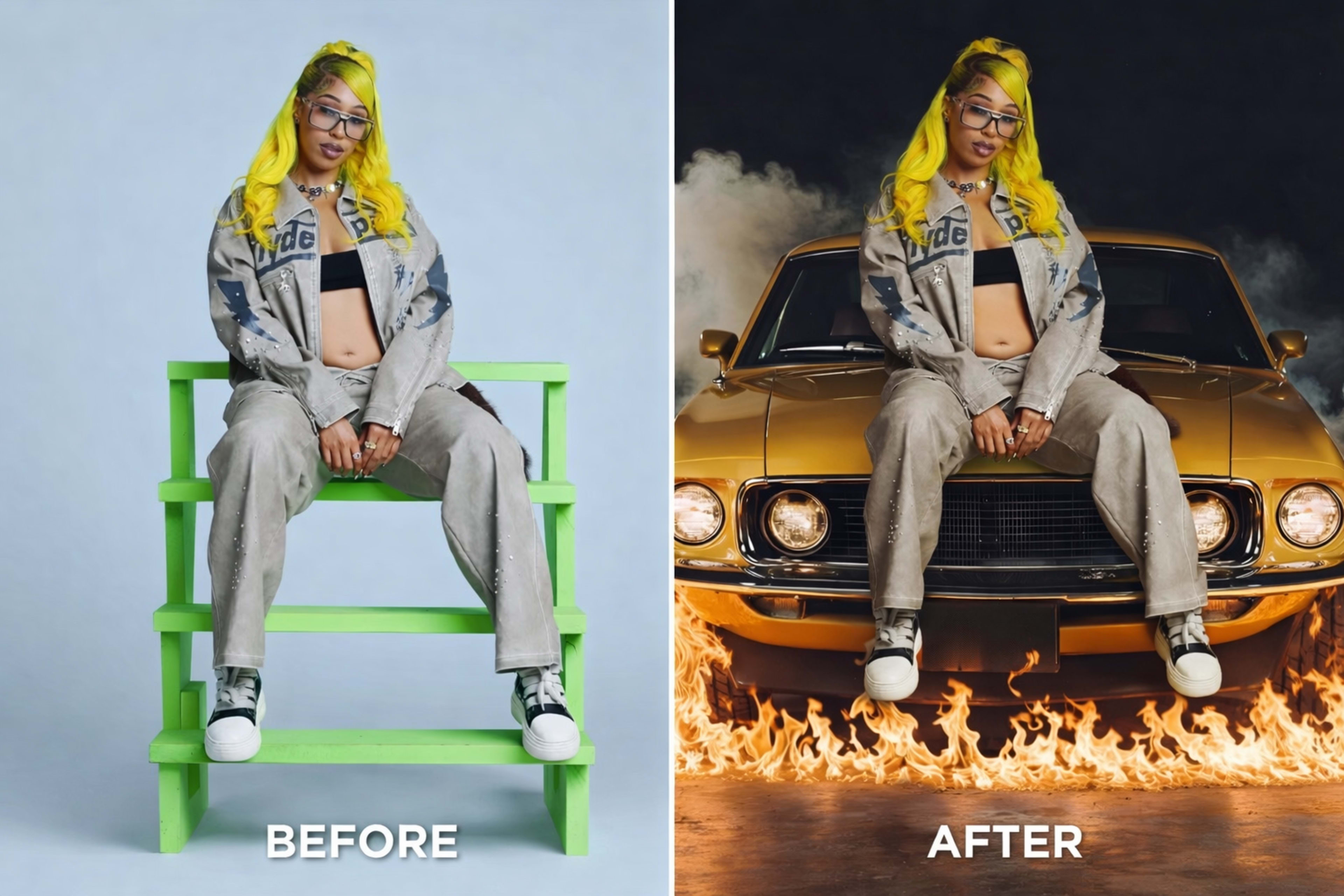 The image shows a side-by-side comparison of a woman sitting on a green staircase on the left and the same woman posed in front of a vintage car surrounded by flames on the right.