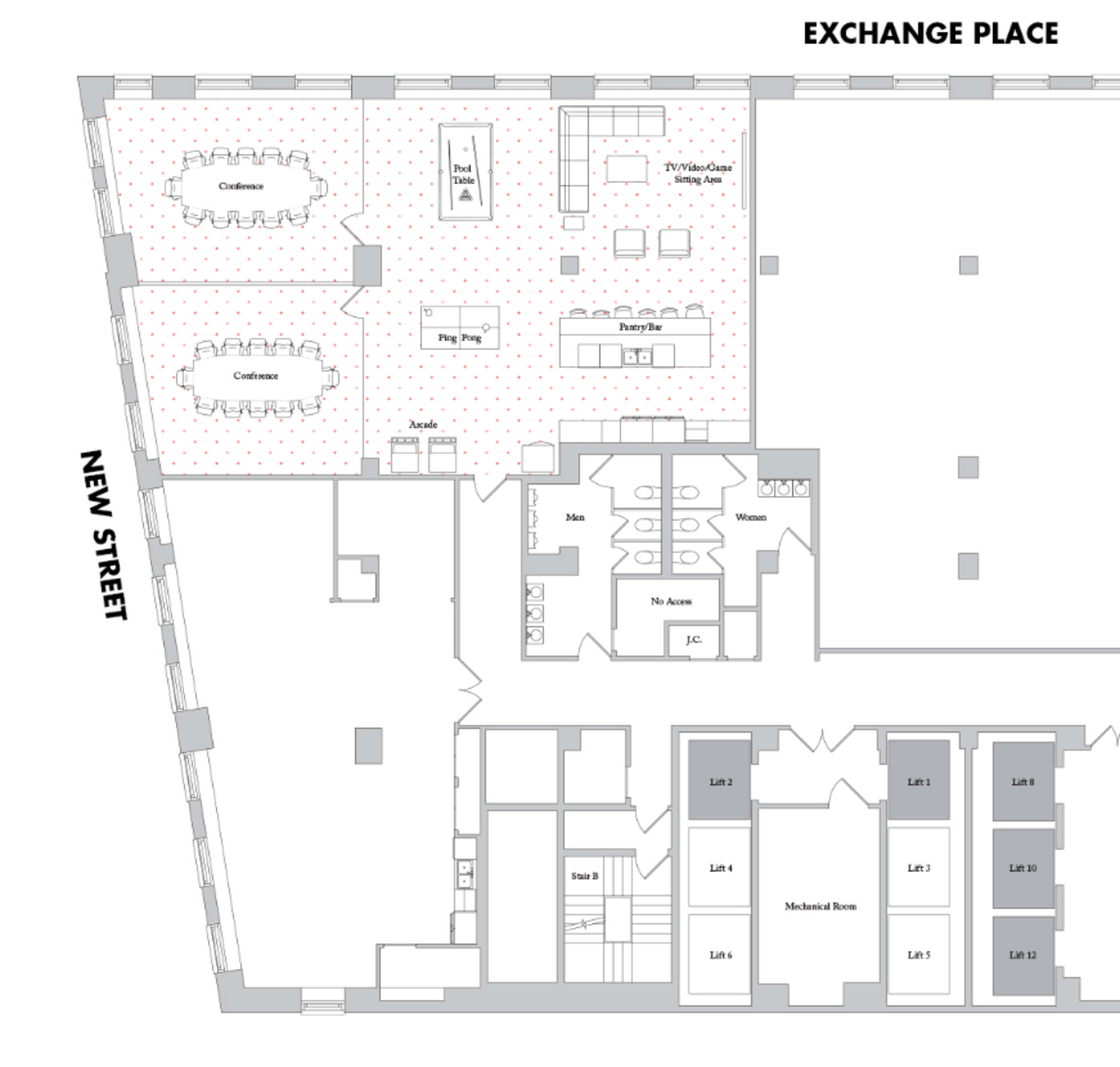 The image is a floor plan labeled "Exchange Place," detailing the layout of offices, meeting rooms, and workspaces.