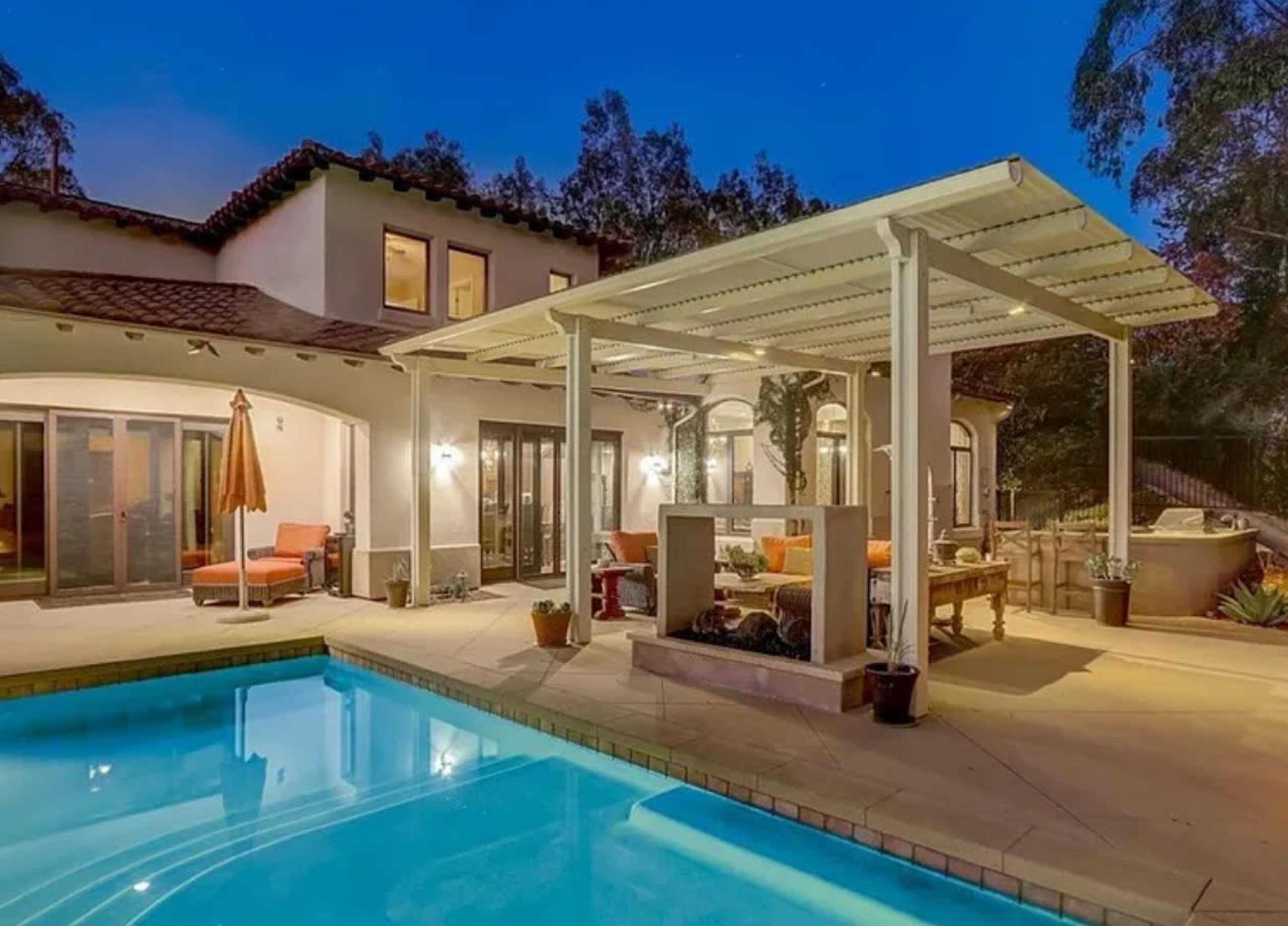 Modern Outdoor Pool Area with Golden Hour Views Image in Hidden Meadows, Escondido, CA