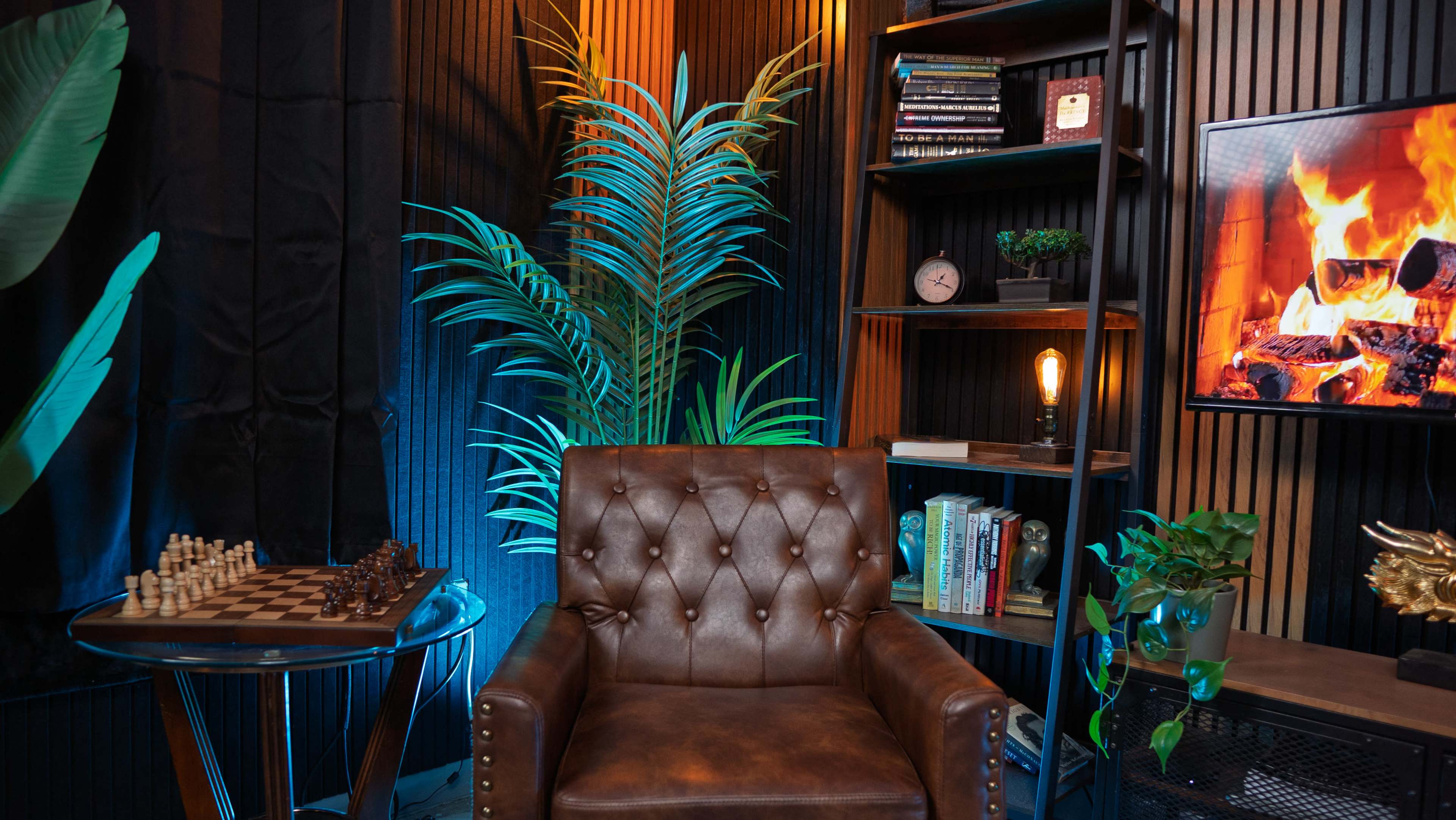 The image shows a cozy indoor space featuring a leather armchair next to a chess set and a bookshelf, with a decorative plant and a television displaying a fireplace scene.