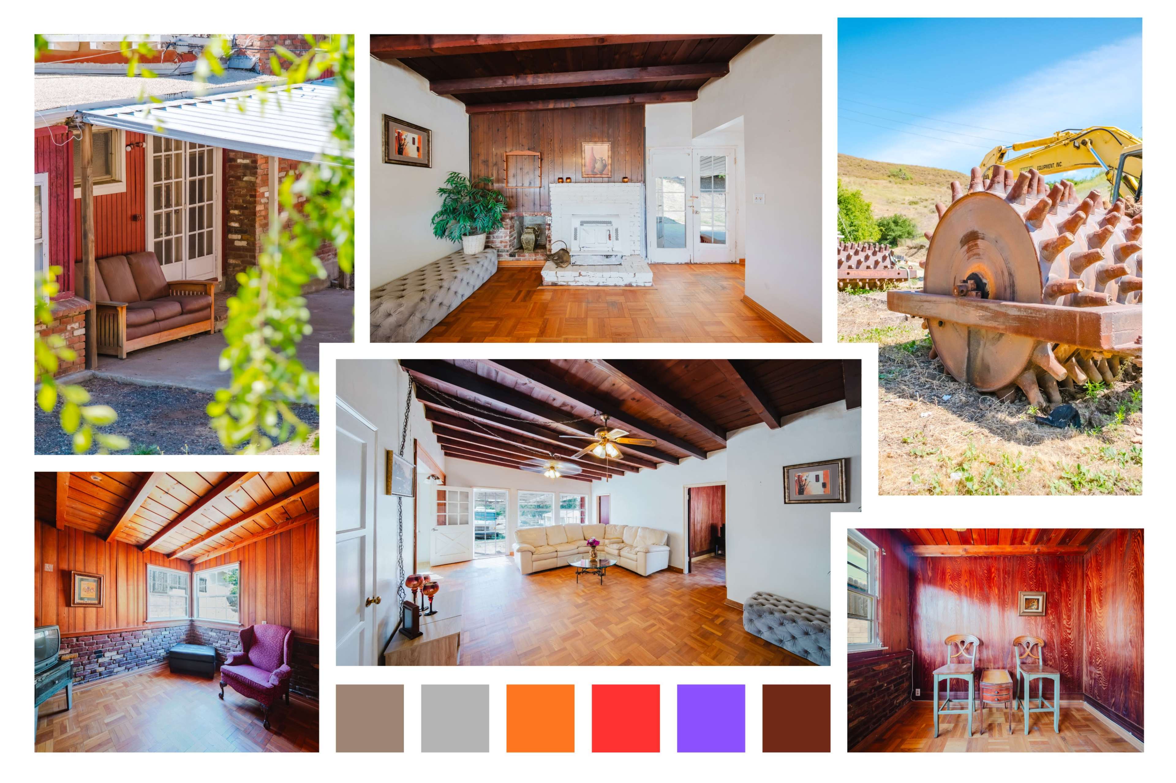The image features a collage of various indoor and outdoor scenes, including living spaces with wooden ceilings, seating areas, and agricultural machinery.