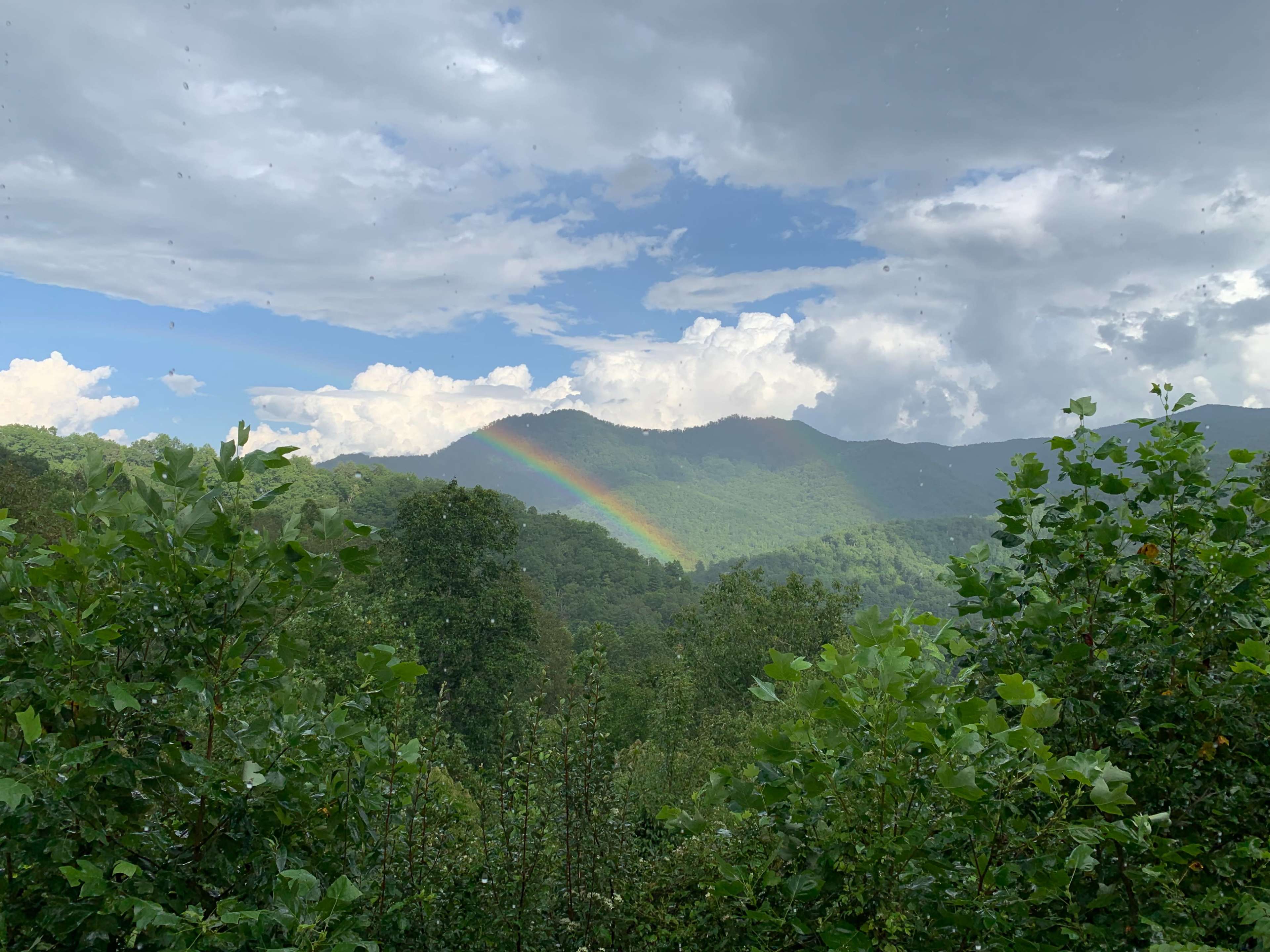 A rainbow arcs over a mountainous landscape surrounded by green foliage under a cloudy sky.