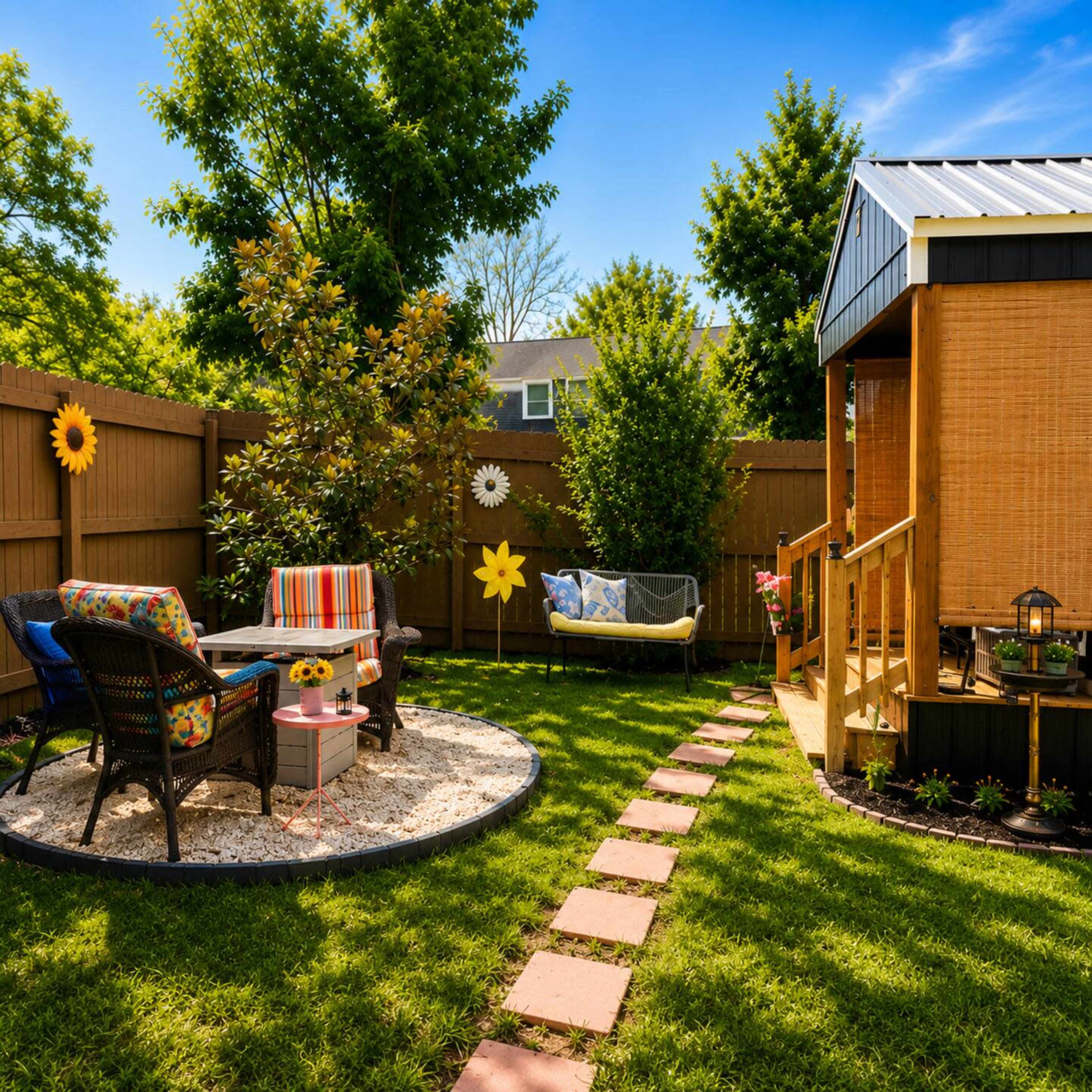 The image shows a landscaped backyard with a seating area featuring colorful chairs, a stone pathway, and a small garden shed.