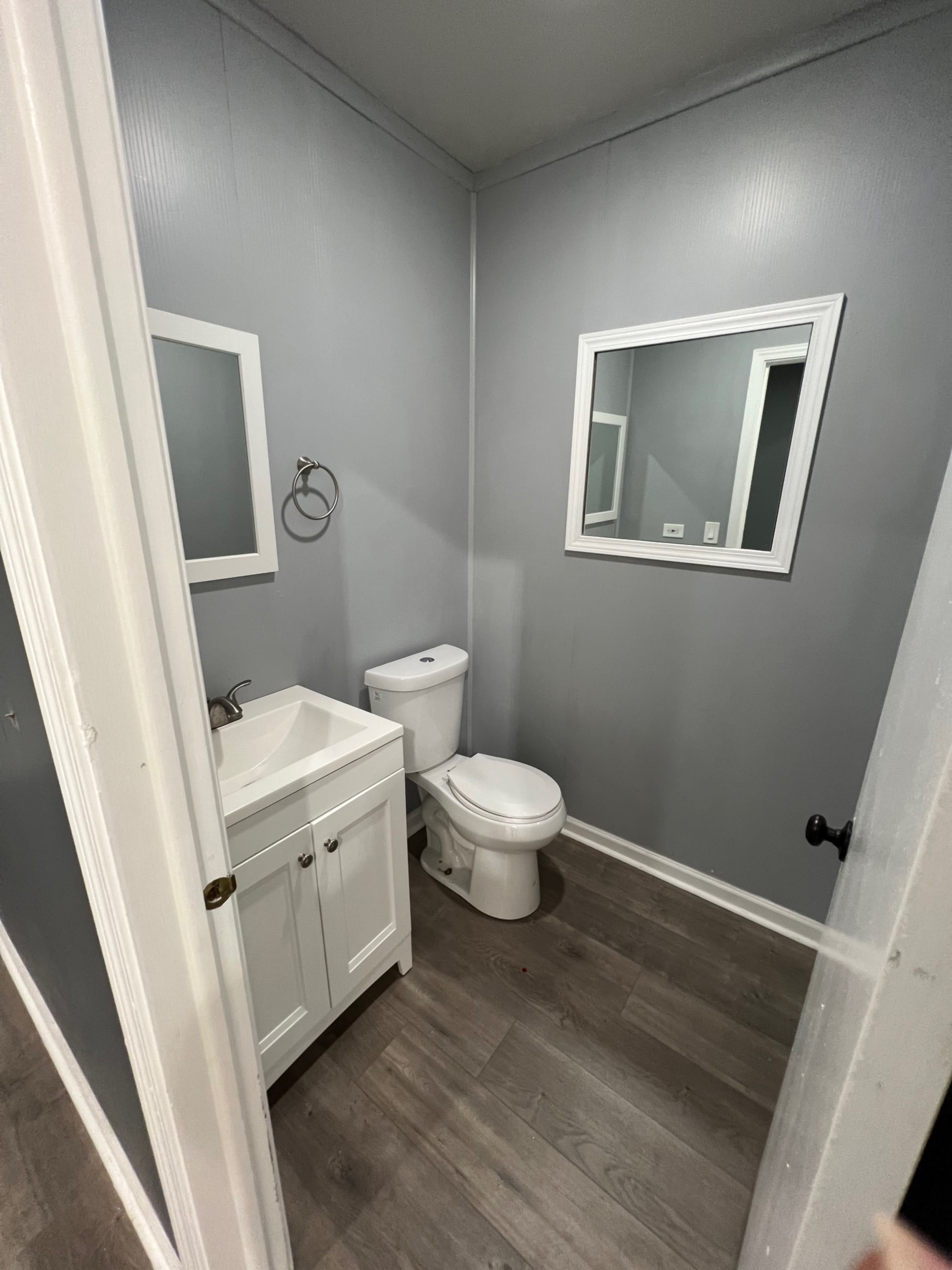 A small bathroom featuring a white vanity sink, a toilet, and a mirror, with gray walls and a wooden floor.