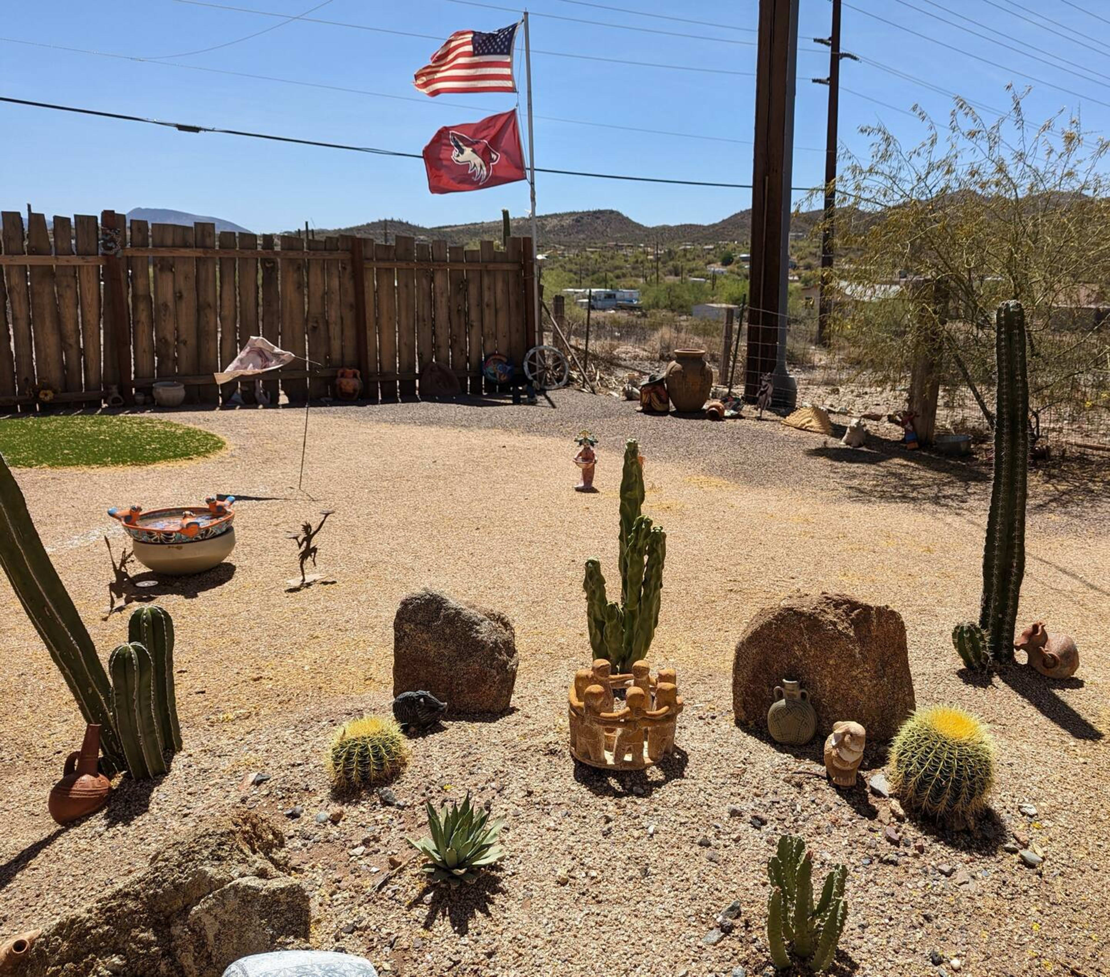 The scene features a desert landscape with cacti, decorative rocks, a small sculpture, and flags flying in the background.