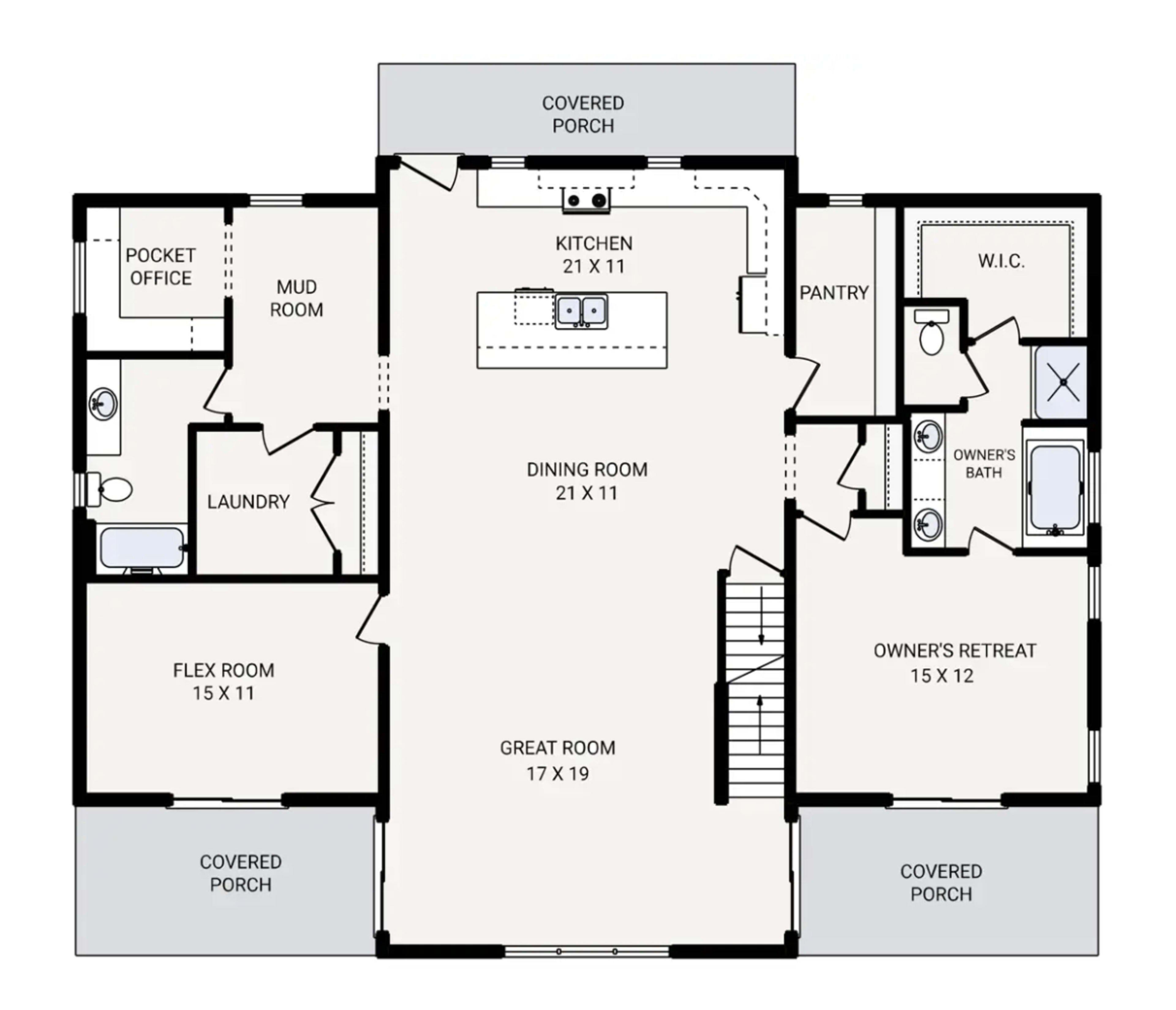 The image shows a floor plan of a single-story house with labeled rooms including a kitchen, dining room, great room, owner's retreat, and other areas.