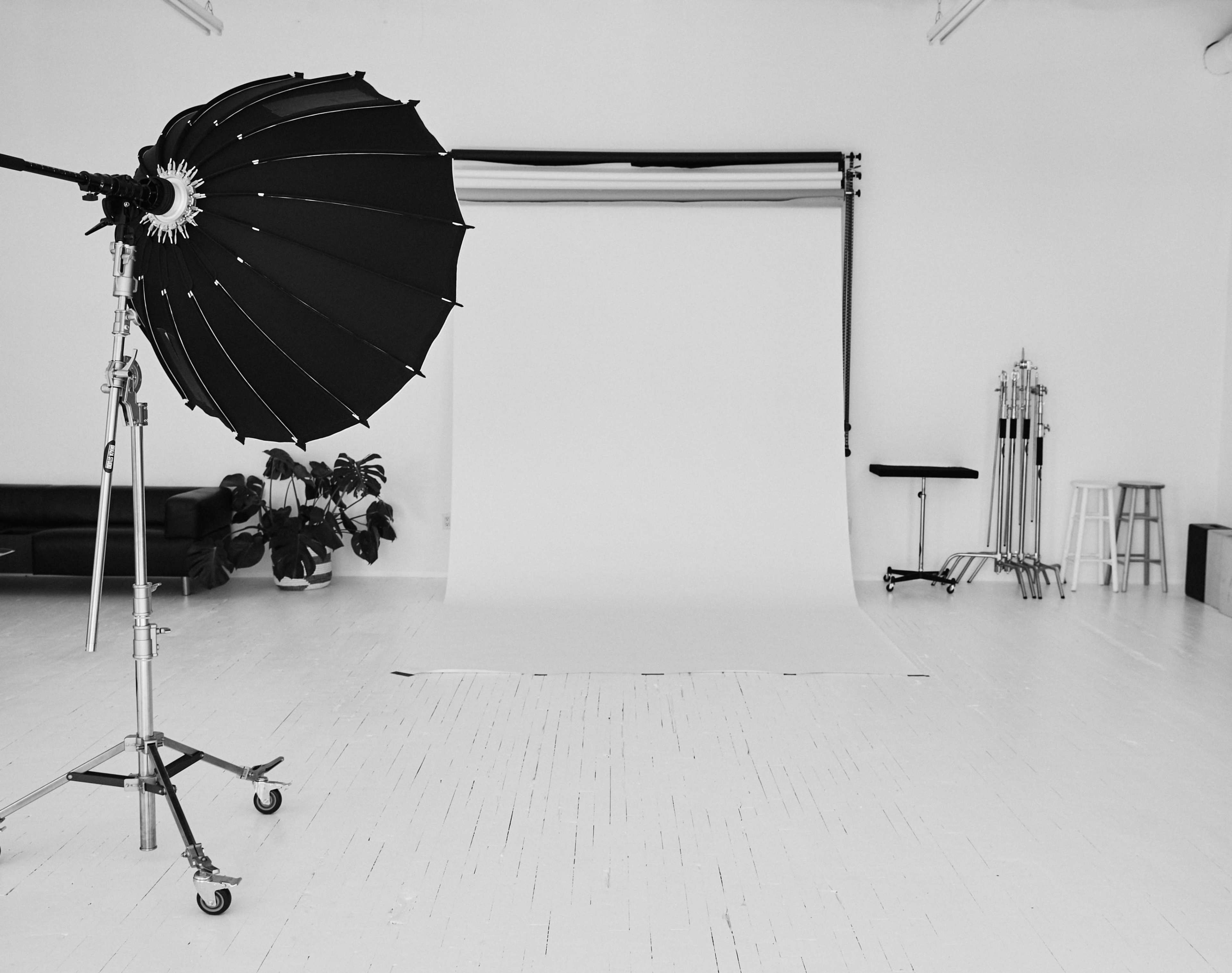 A photography studio features a large umbrella light on a stand, a seamless white backdrop, and various equipment in the background.