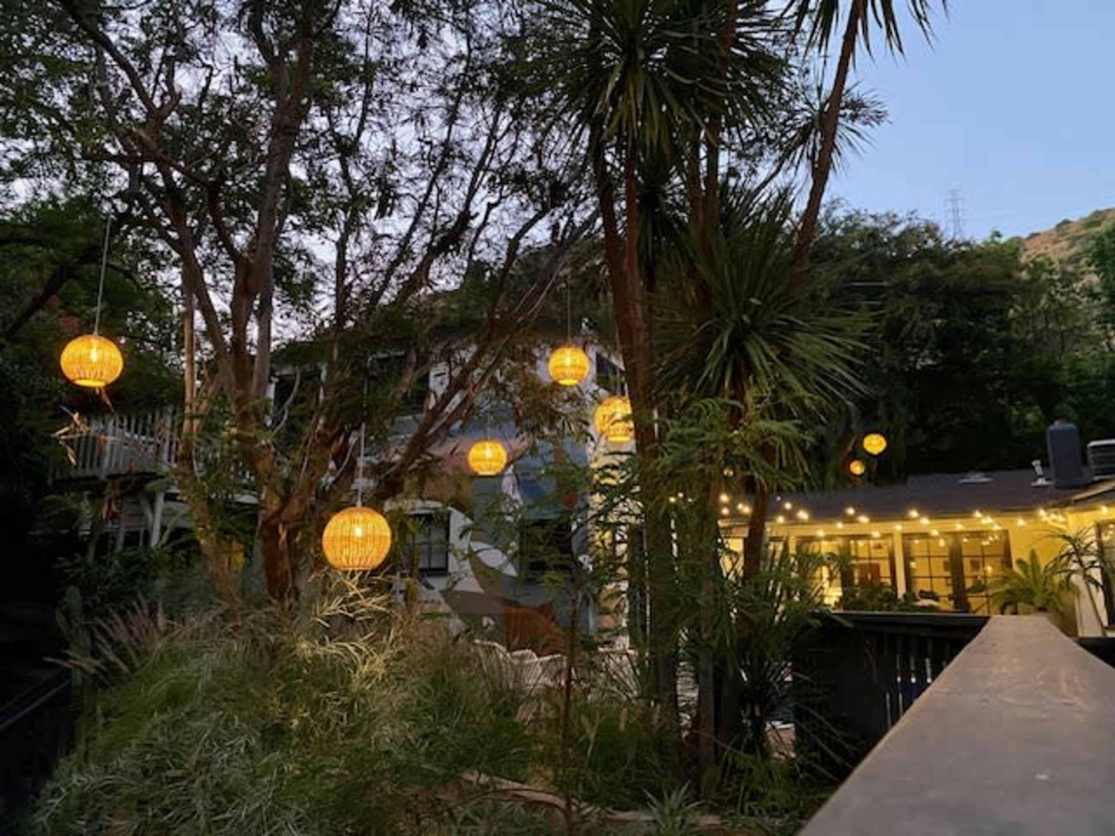The image shows a backyard scene with hanging lanterns illuminating the area near a house surrounded by greenery.
