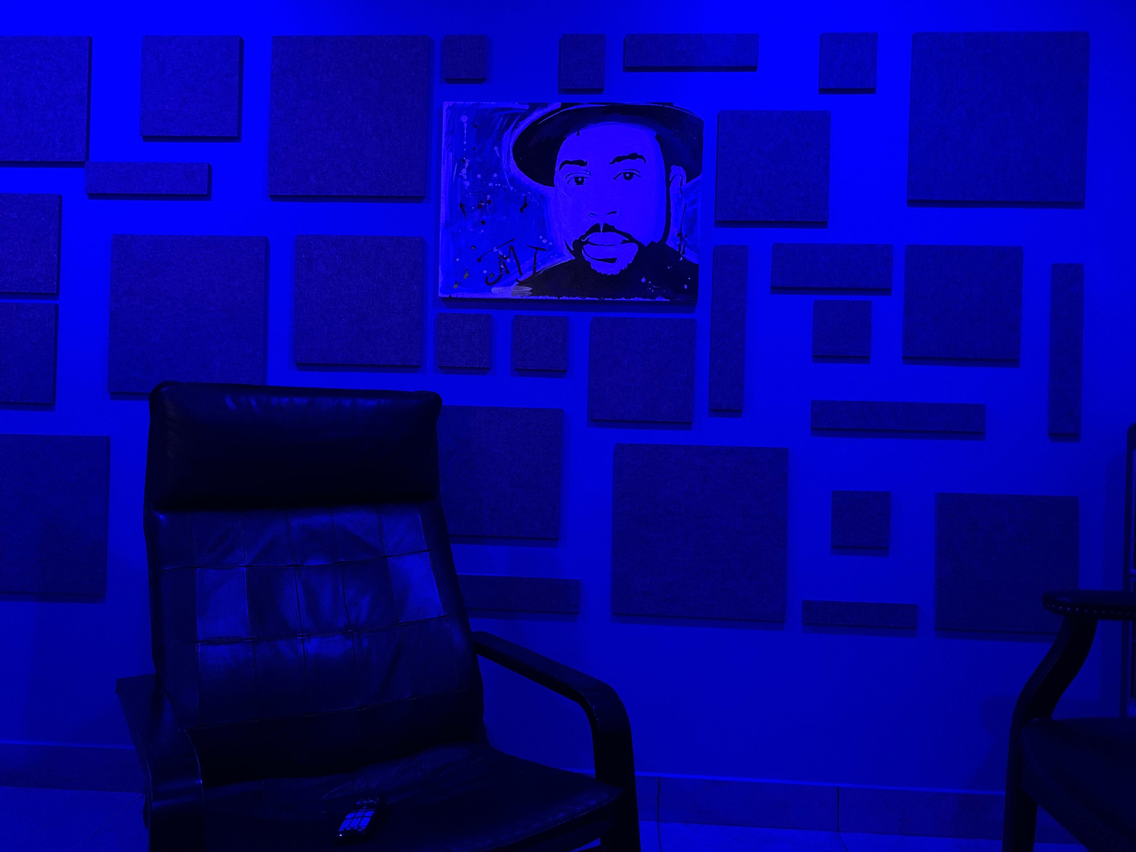 A dark blue room features a wall adorned with various gray soundproofing panels and a framed artwork of a man.